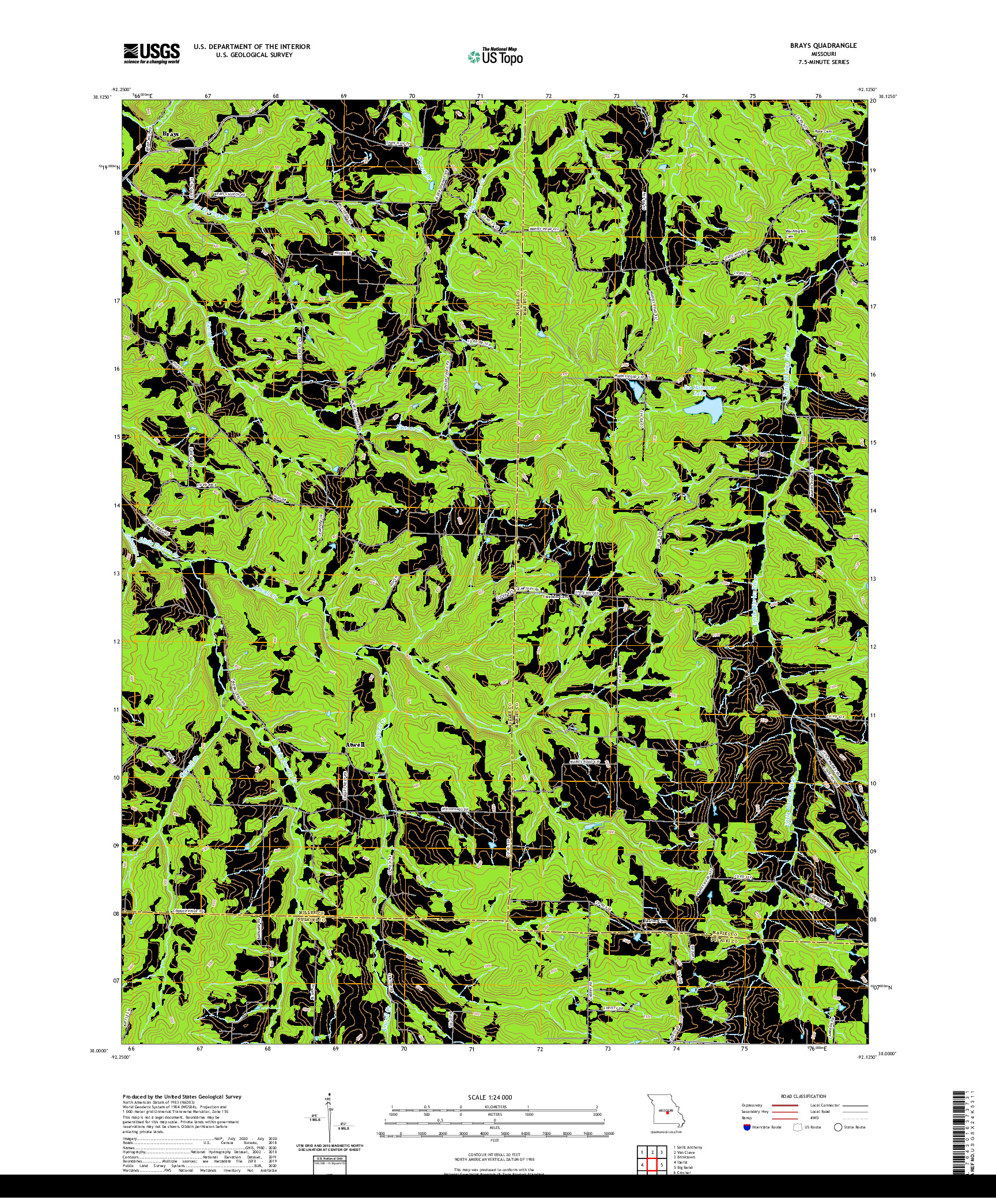 USGS US TOPO 7.5-MINUTE MAP FOR BRAYS, MO 2021