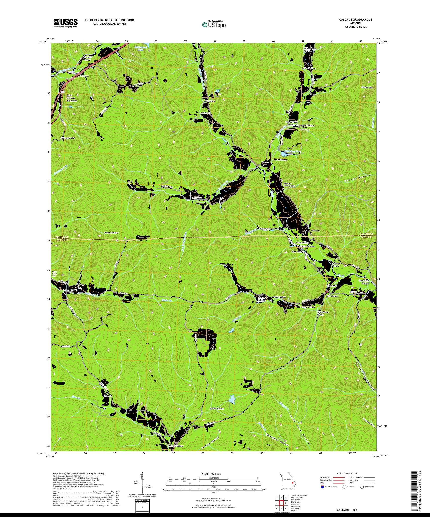 USGS US TOPO 7.5-MINUTE MAP FOR CASCADE, MO 2021