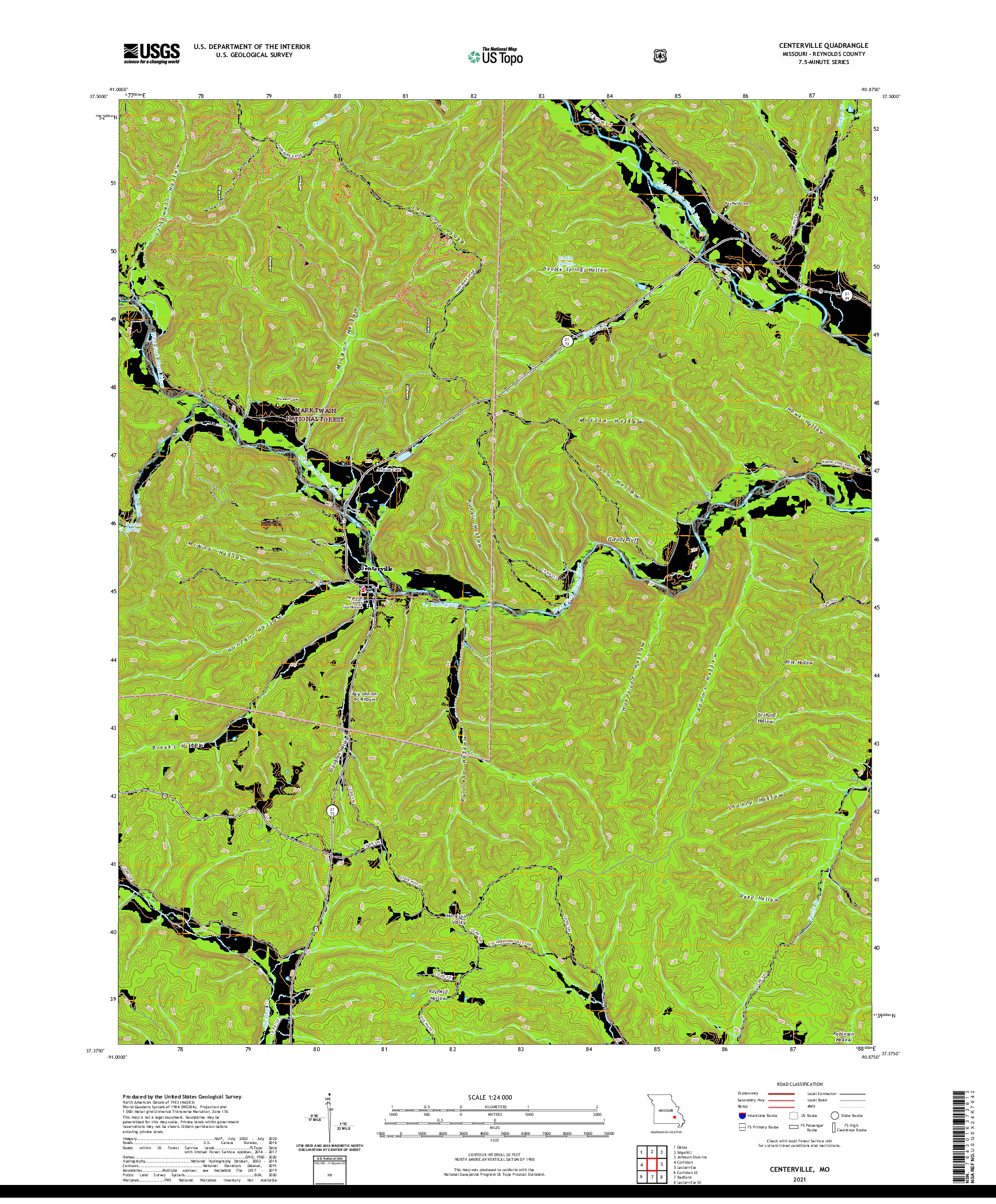 USGS US TOPO 7.5-MINUTE MAP FOR CENTERVILLE, MO 2021