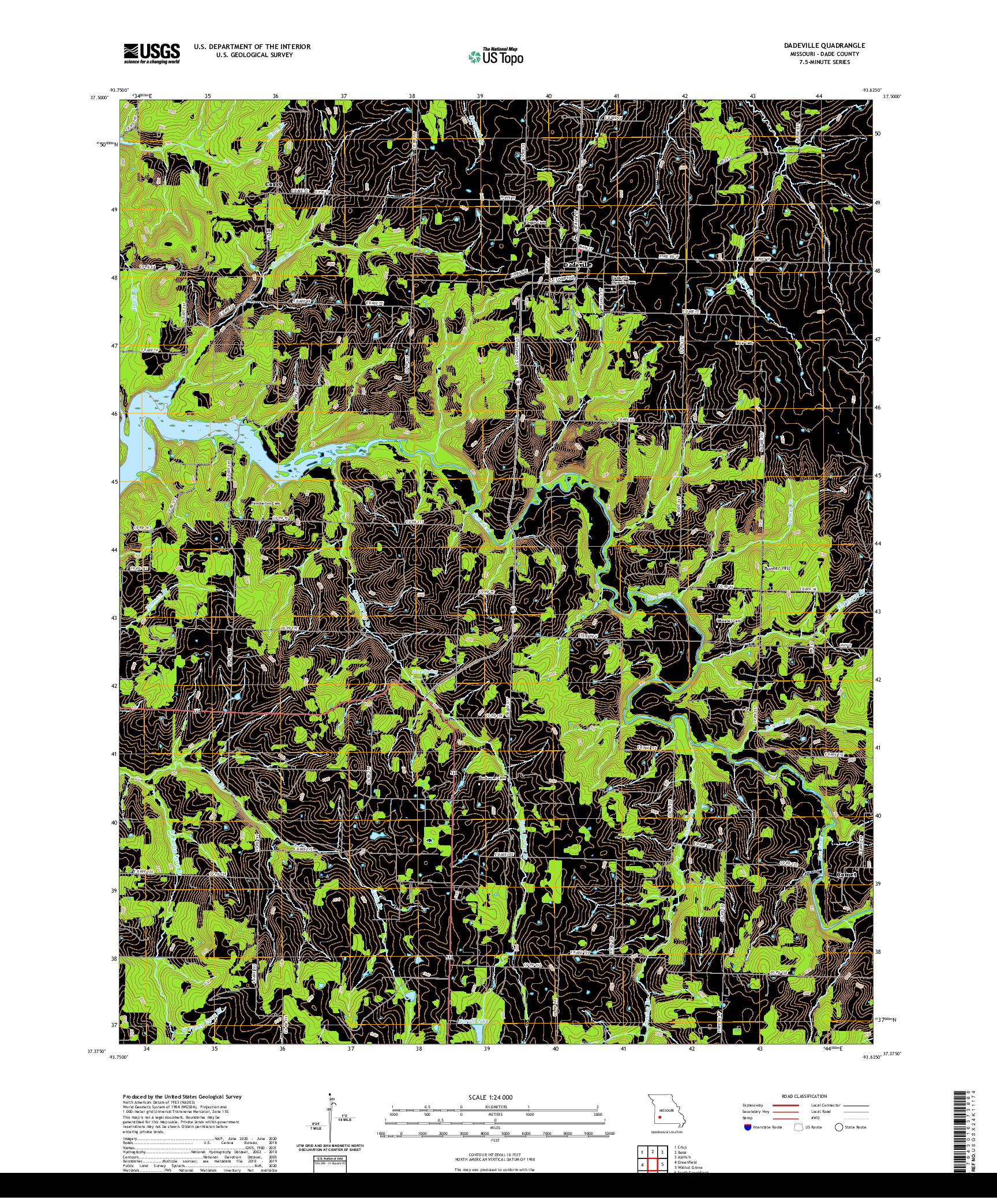 USGS US TOPO 7.5-MINUTE MAP FOR DADEVILLE, MO 2021