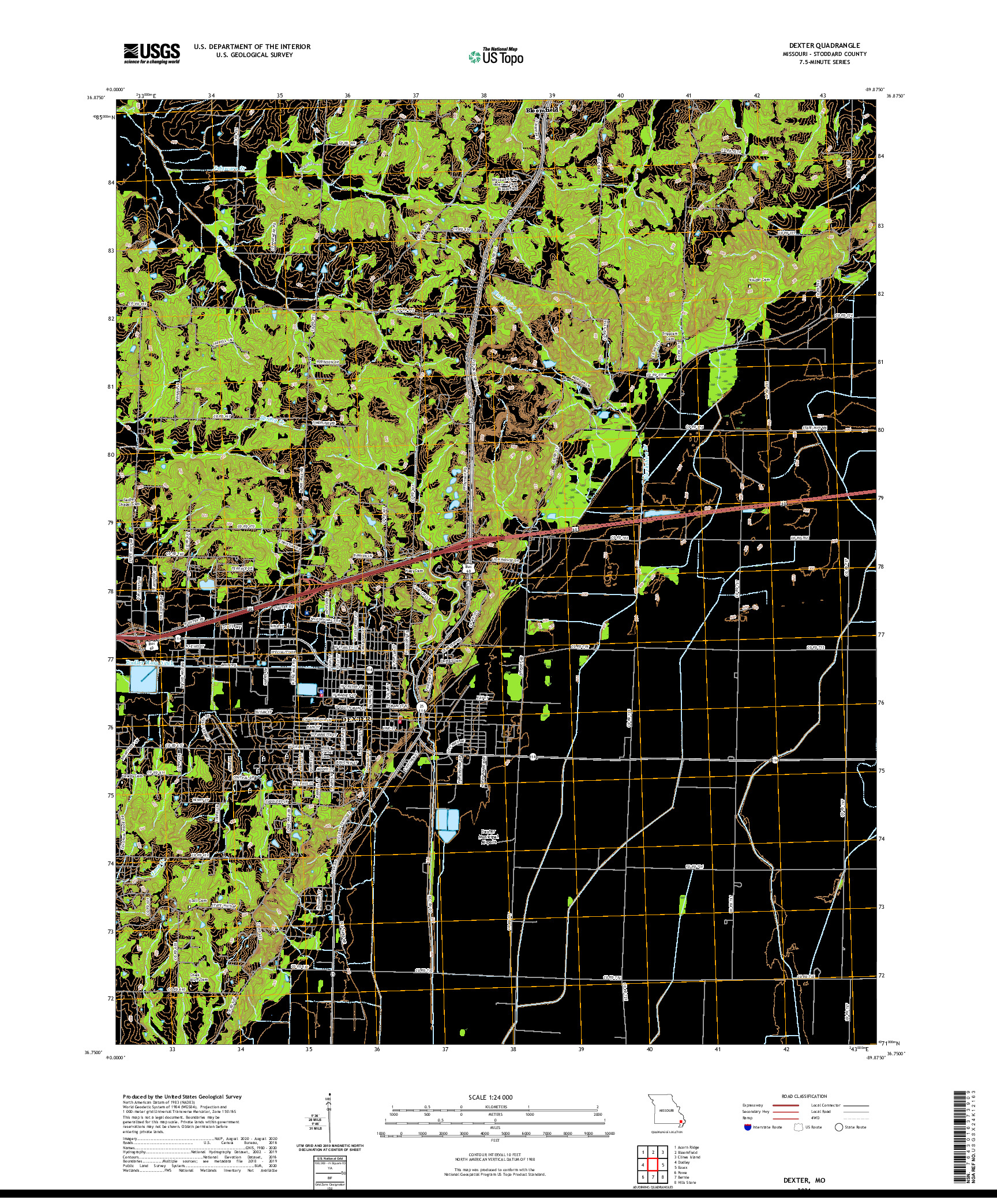 USGS US TOPO 7.5-MINUTE MAP FOR DEXTER, MO 2021