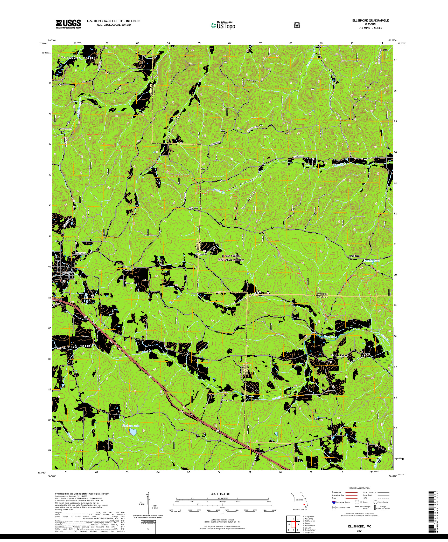 USGS US TOPO 7.5-MINUTE MAP FOR ELLSINORE, MO 2021