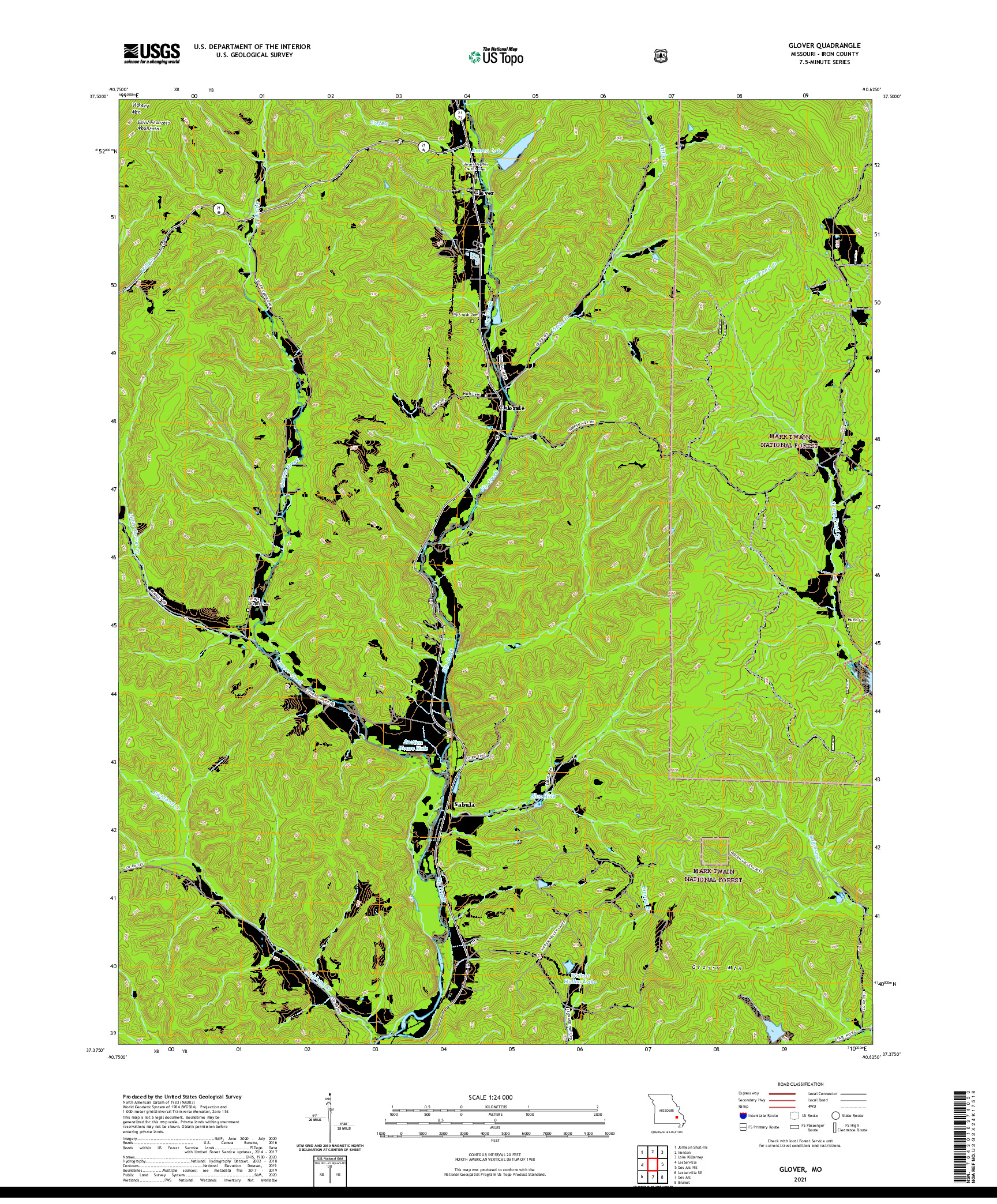 USGS US TOPO 7.5-MINUTE MAP FOR GLOVER, MO 2021