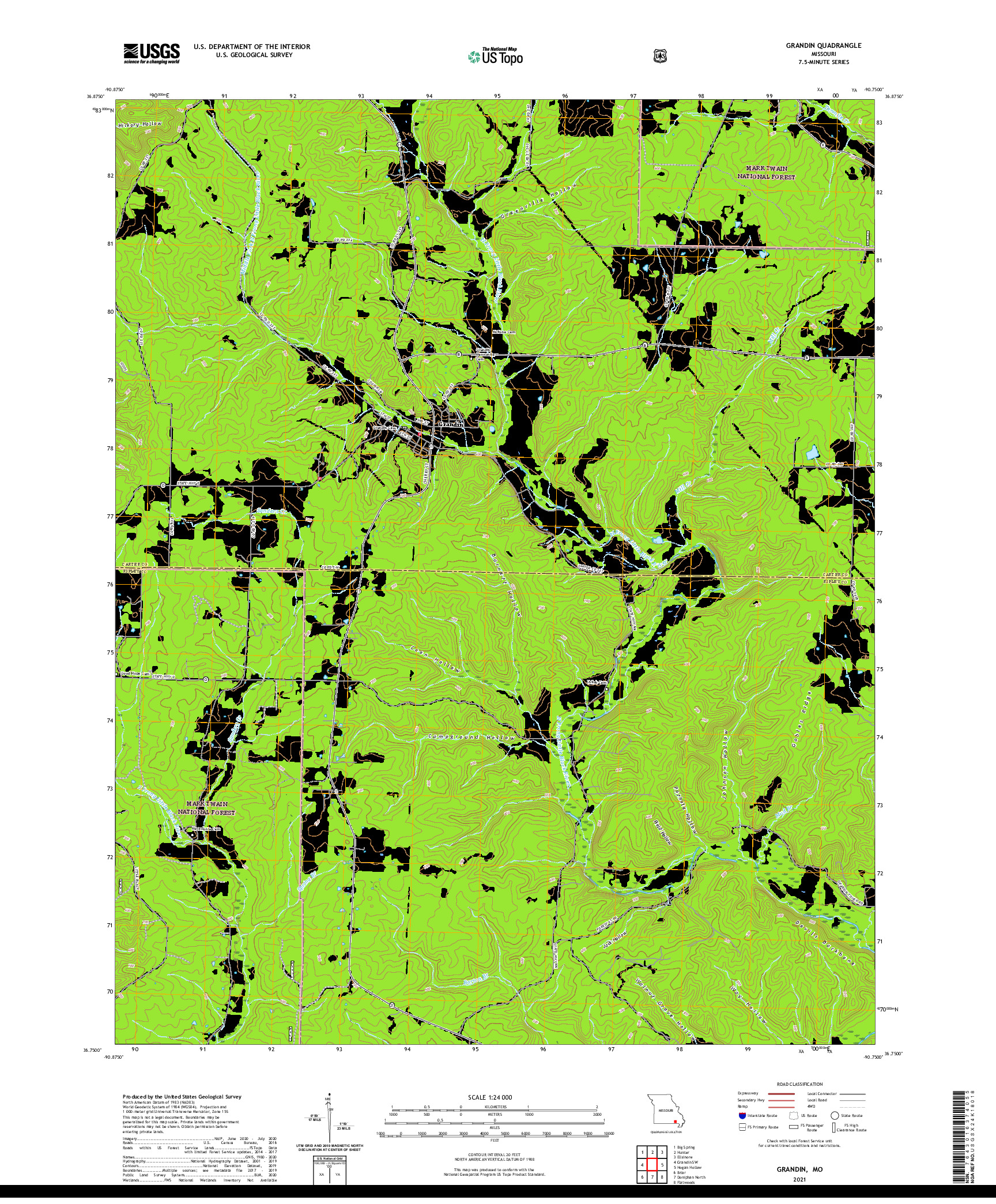 USGS US TOPO 7.5-MINUTE MAP FOR GRANDIN, MO 2021