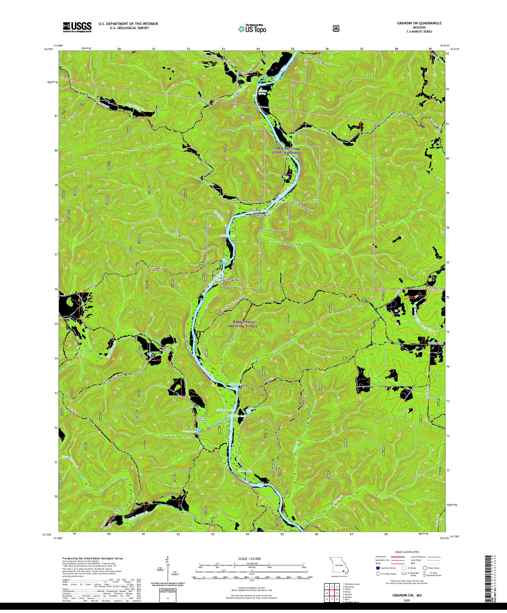 USGS US TOPO 7.5-MINUTE MAP FOR GRANDIN SW, MO 2021