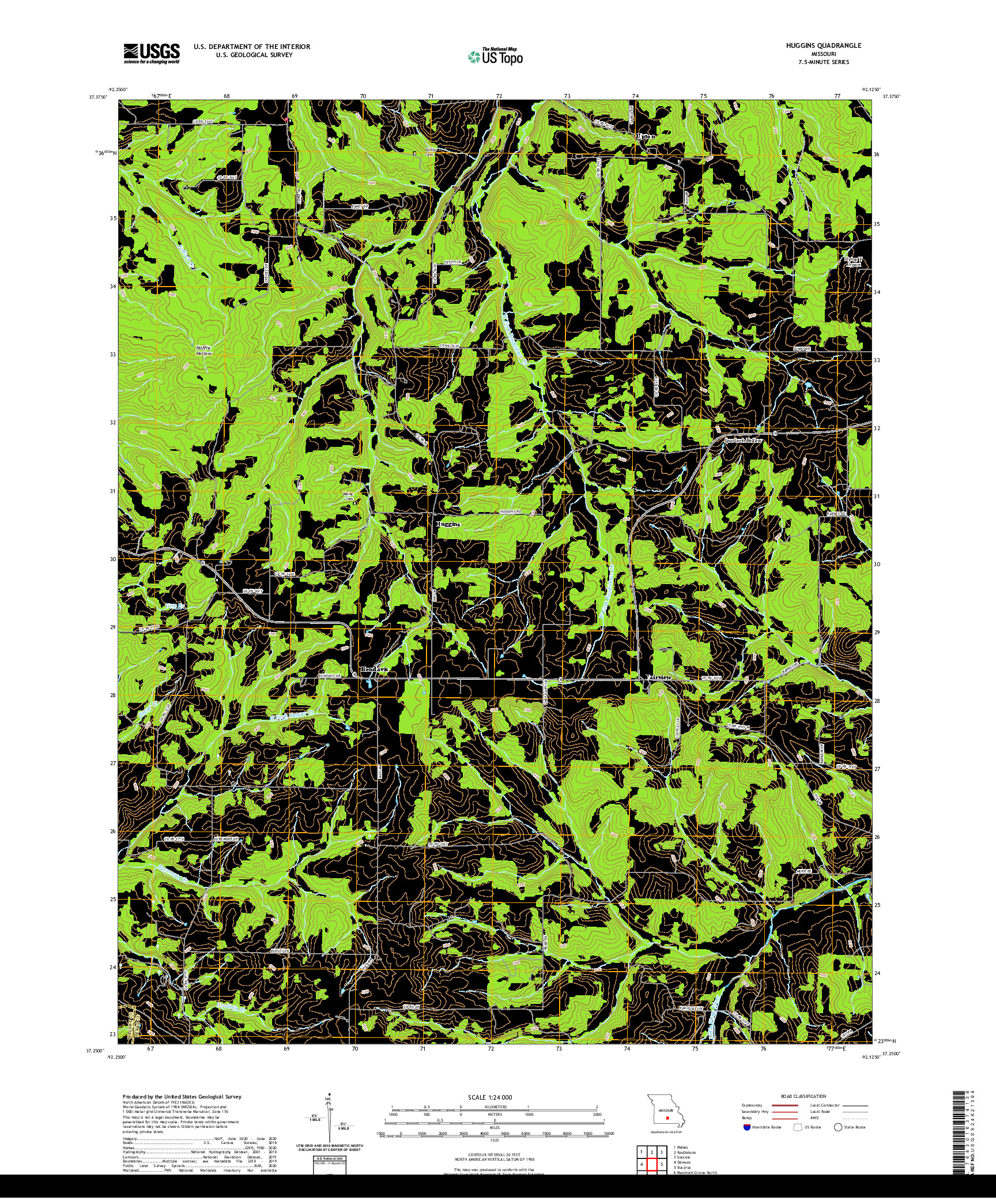 USGS US TOPO 7.5-MINUTE MAP FOR HUGGINS, MO 2021