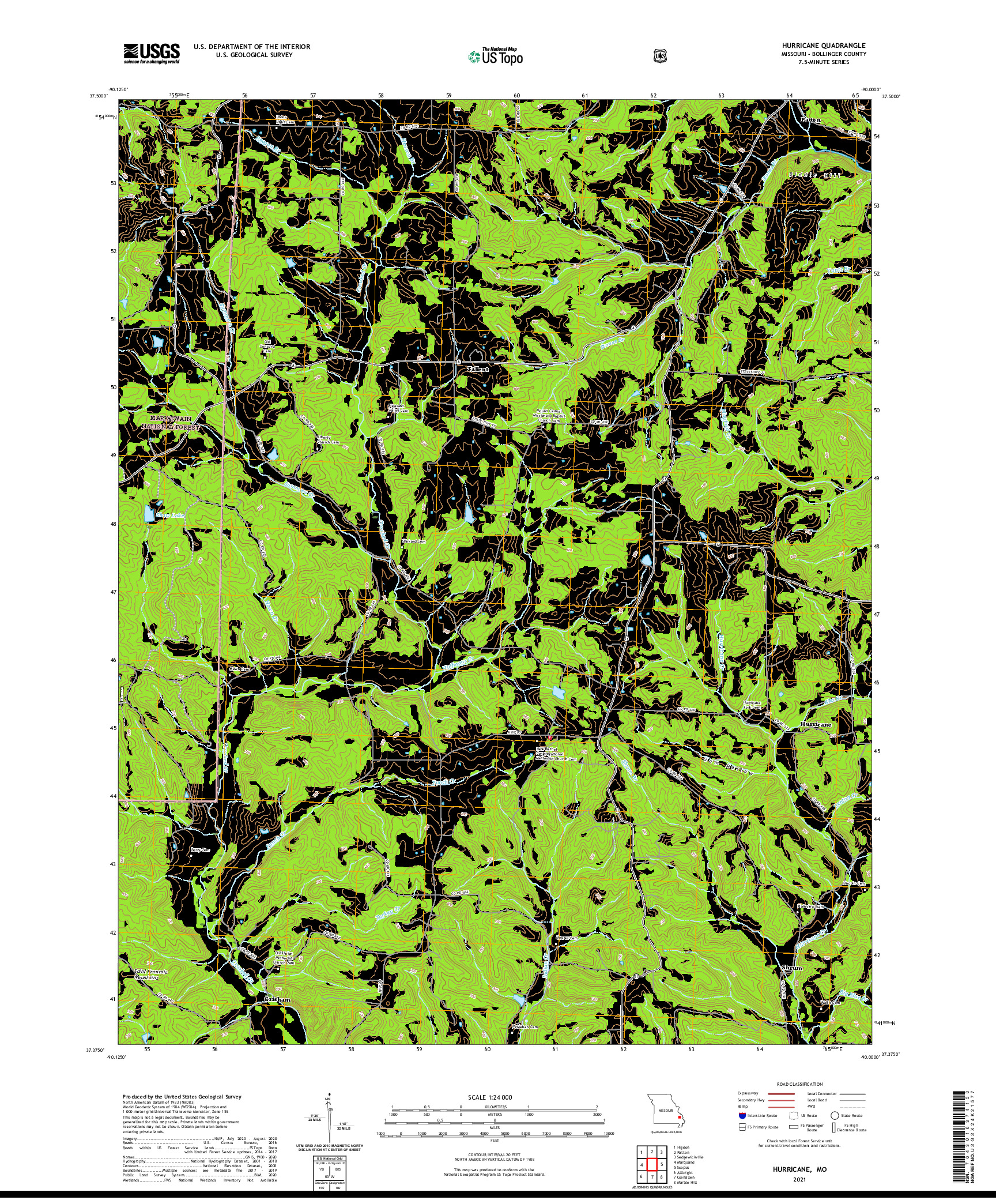 USGS US TOPO 7.5-MINUTE MAP FOR HURRICANE, MO 2021