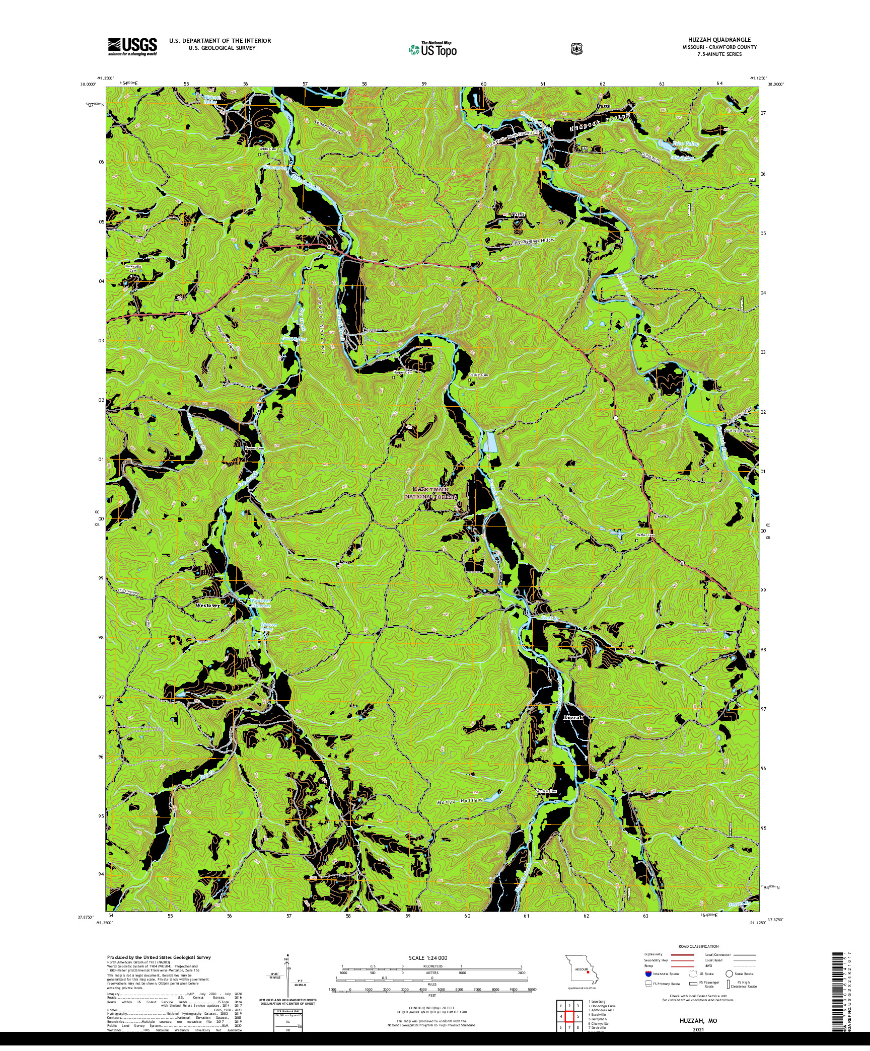 USGS US TOPO 7.5-MINUTE MAP FOR HUZZAH, MO 2021