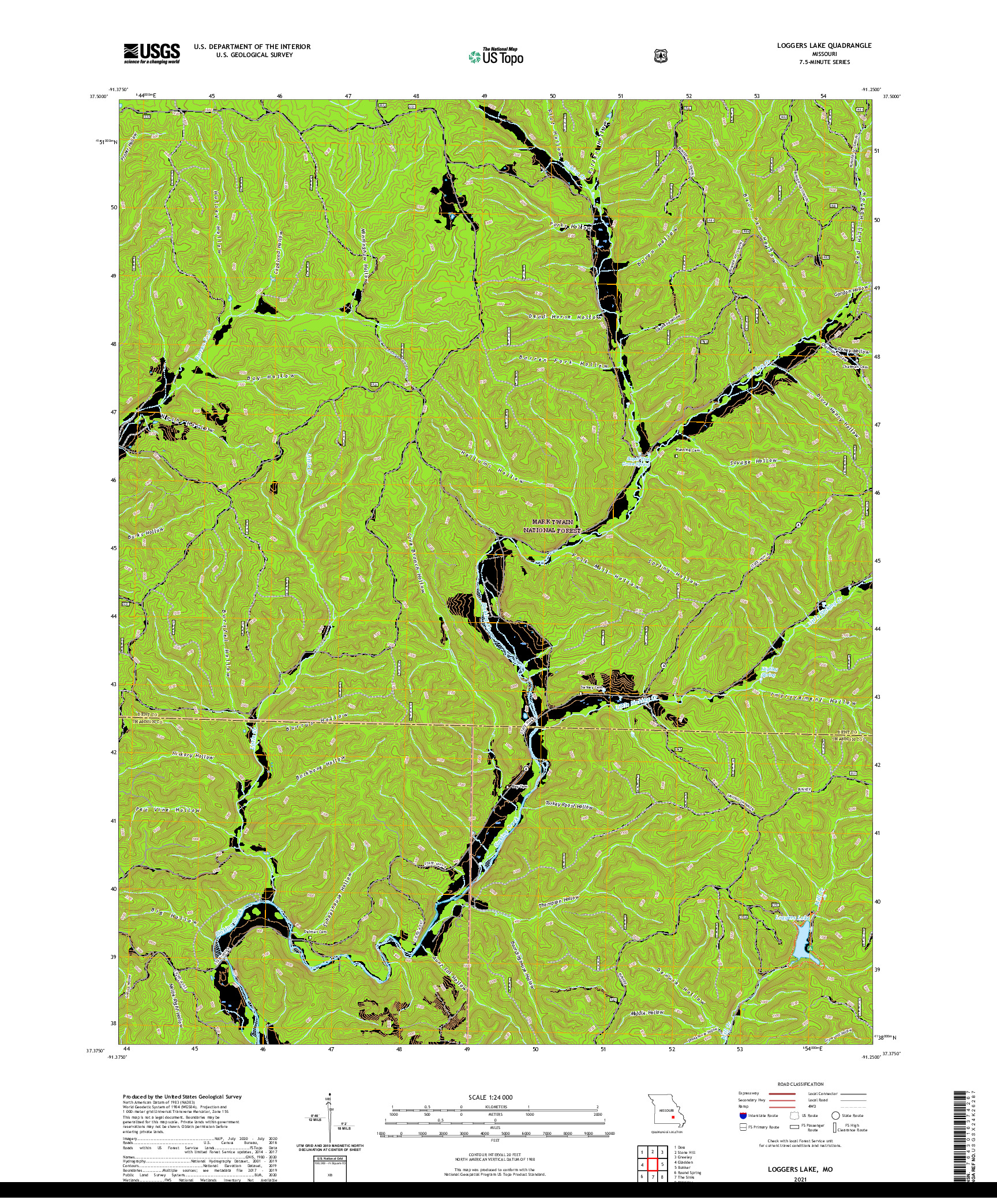 USGS US TOPO 7.5-MINUTE MAP FOR LOGGERS LAKE, MO 2021