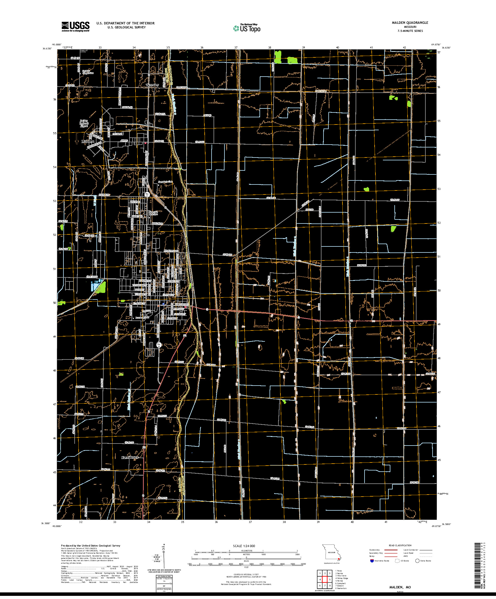 USGS US TOPO 7.5-MINUTE MAP FOR MALDEN, MO 2021