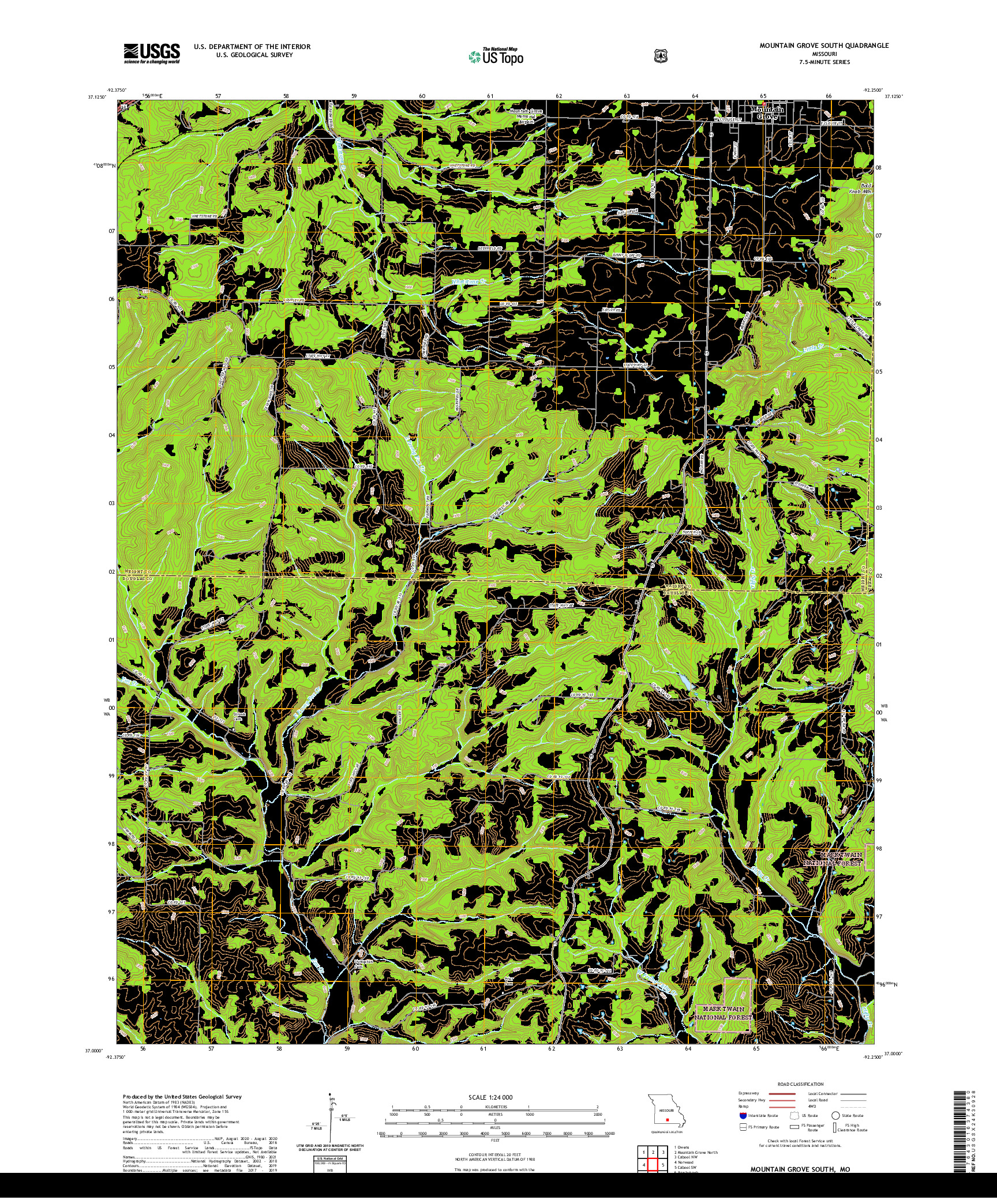 USGS US TOPO 7.5-MINUTE MAP FOR MOUNTAIN GROVE SOUTH, MO 2021