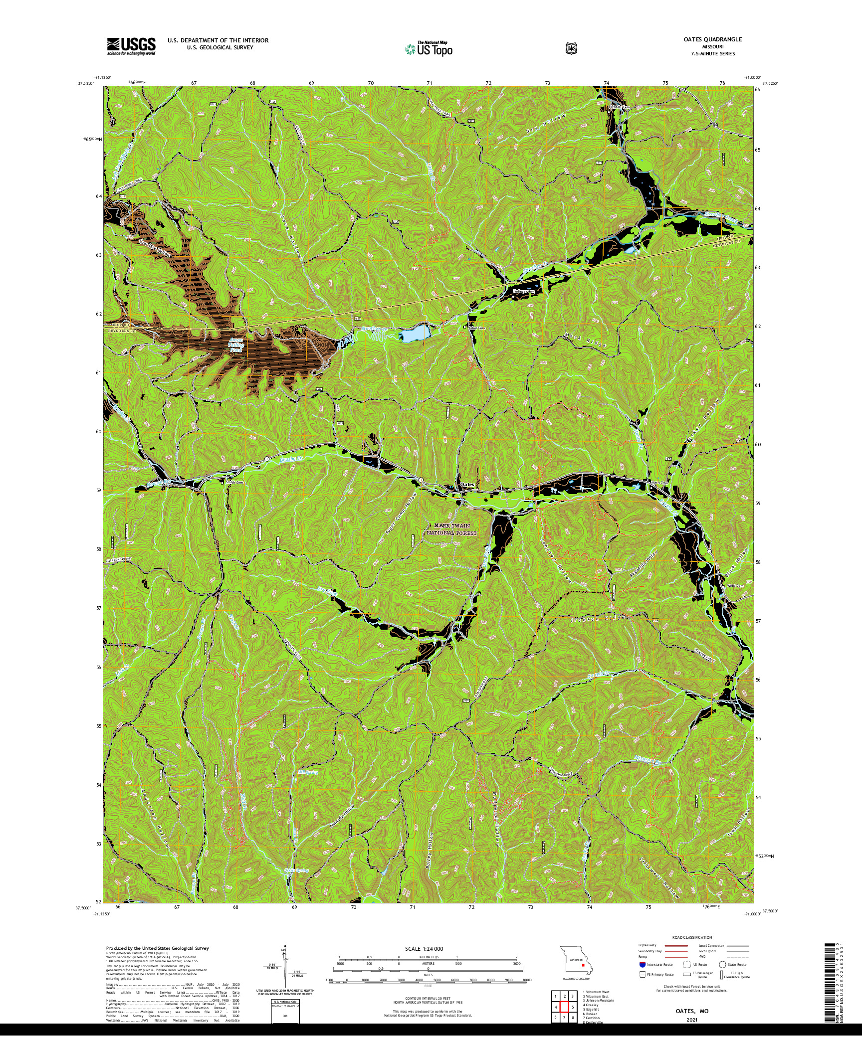 USGS US TOPO 7.5-MINUTE MAP FOR OATES, MO 2021