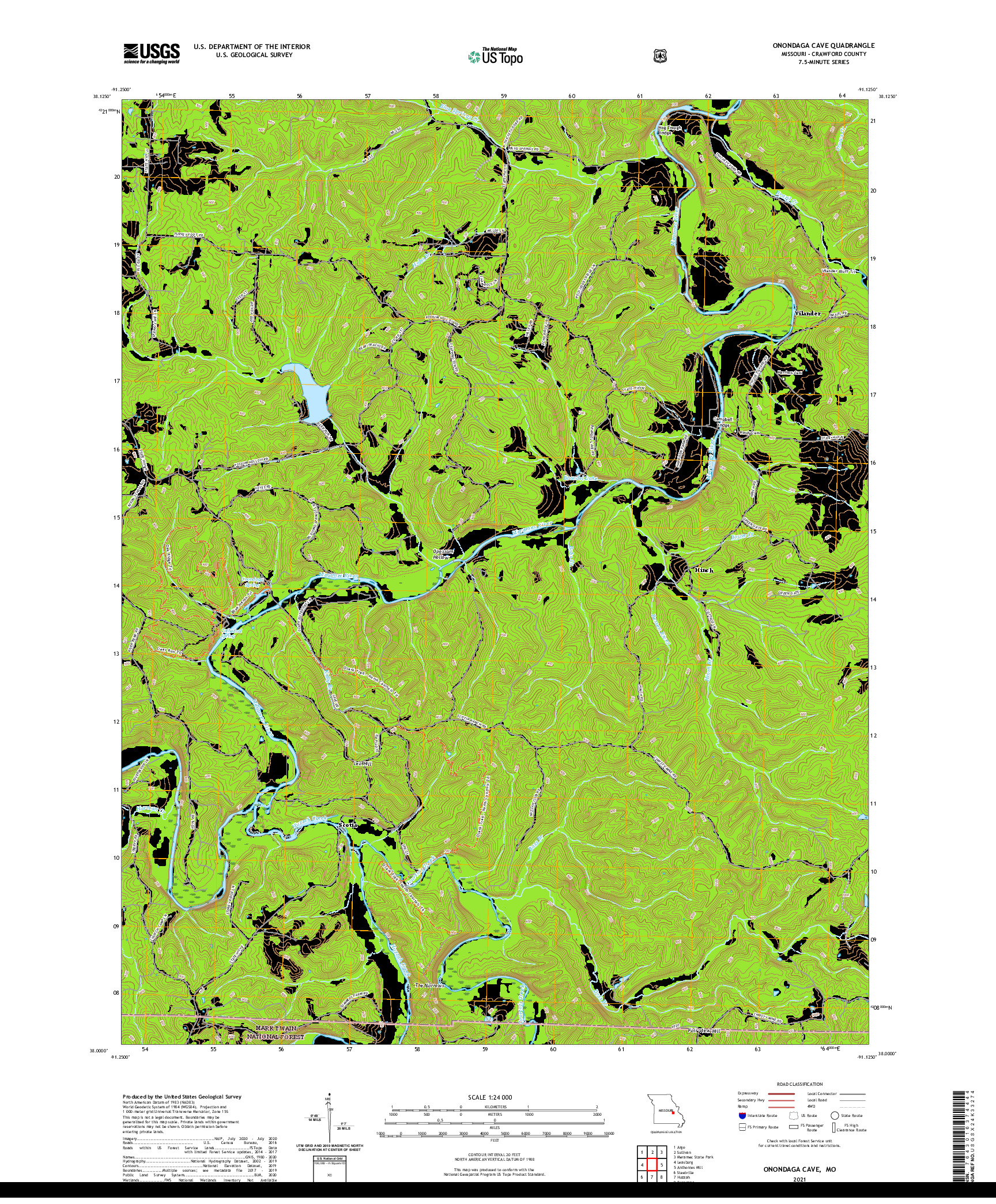 USGS US TOPO 7.5-MINUTE MAP FOR ONONDAGA CAVE, MO 2021