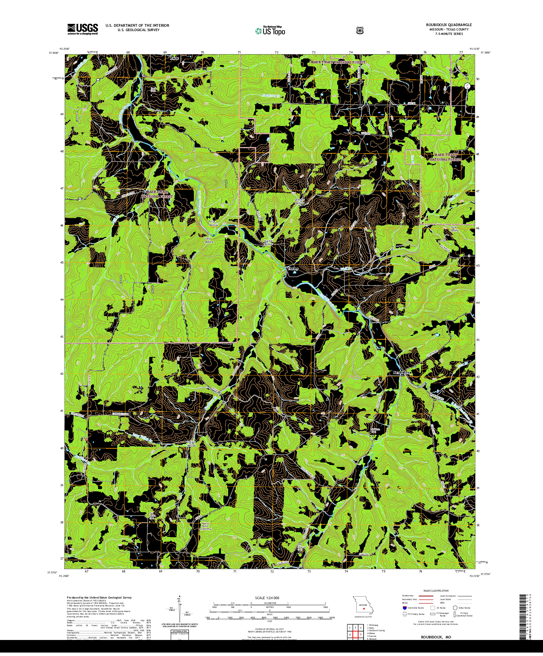 USGS US TOPO 7.5-MINUTE MAP FOR ROUBIDOUX, MO 2021