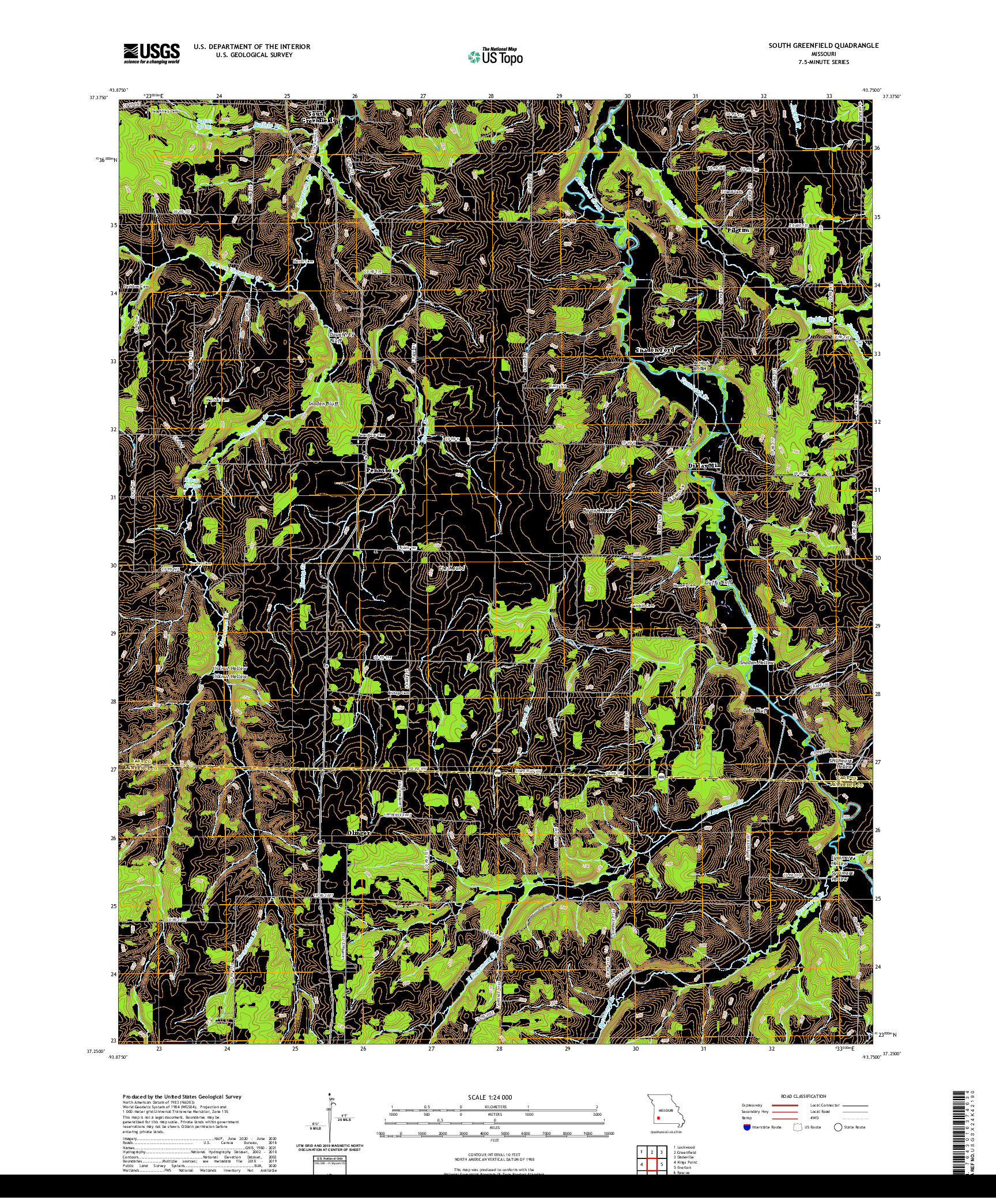 USGS US TOPO 7.5-MINUTE MAP FOR SOUTH GREENFIELD, MO 2021