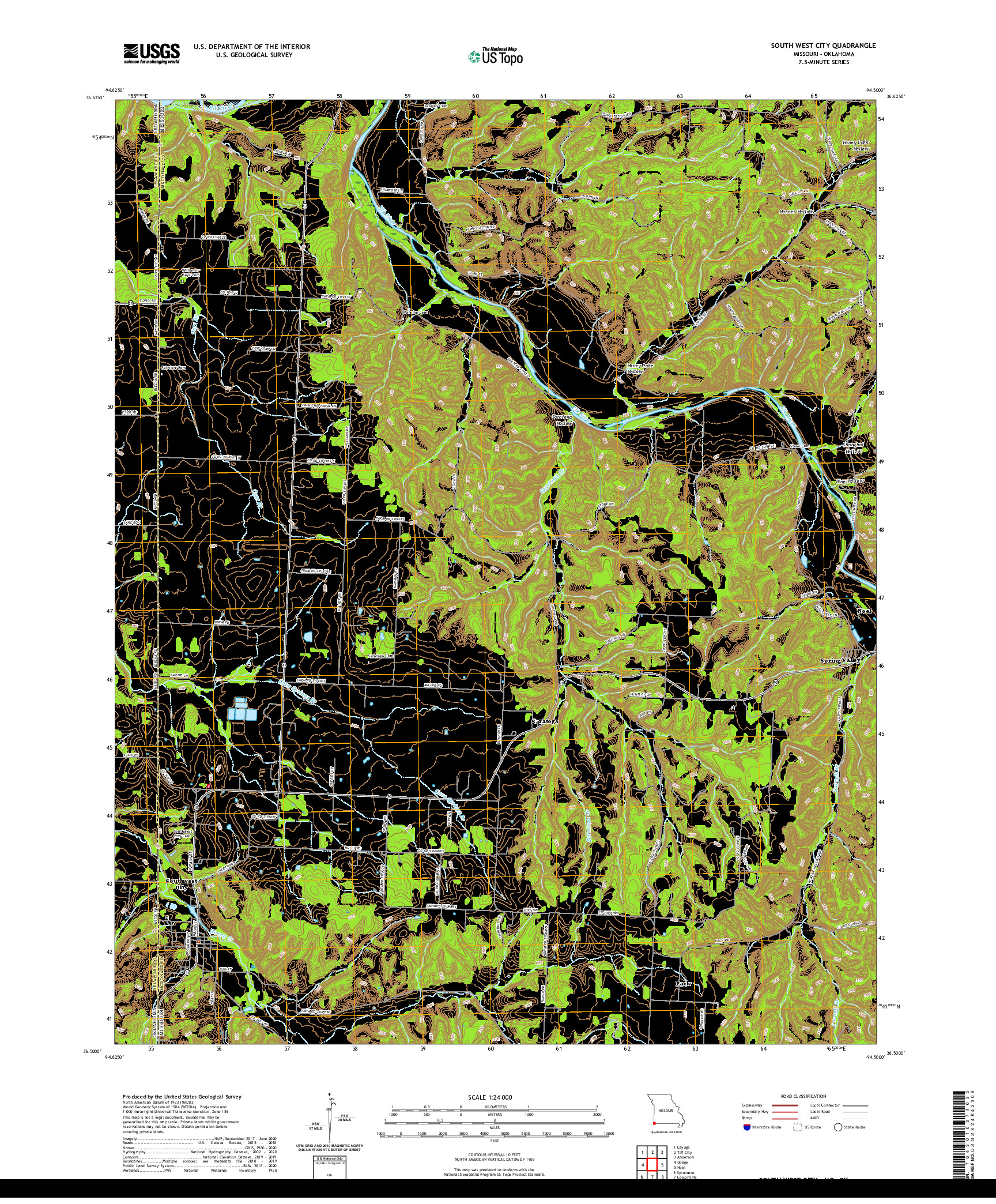 USGS US TOPO 7.5-MINUTE MAP FOR SOUTH WEST CITY, MO,OK 2021