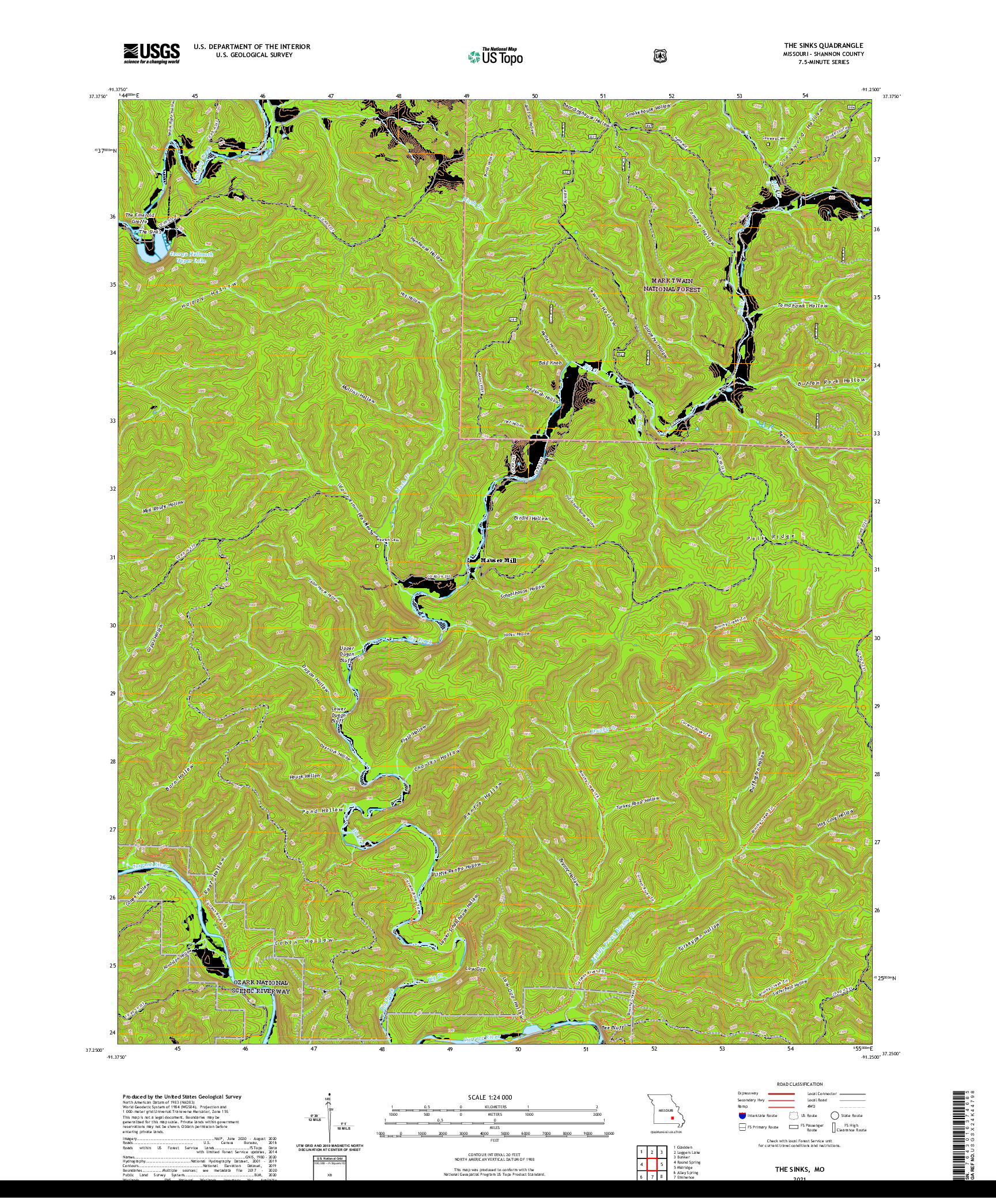 USGS US TOPO 7.5-MINUTE MAP FOR THE SINKS, MO 2021