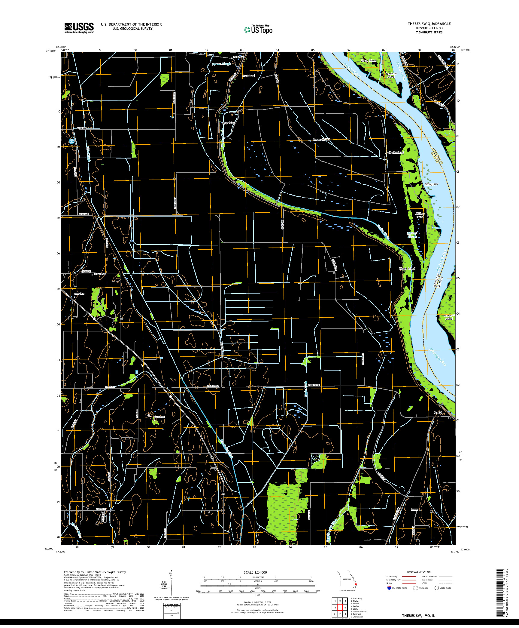 USGS US TOPO 7.5-MINUTE MAP FOR THEBES SW, MO,IL 2021