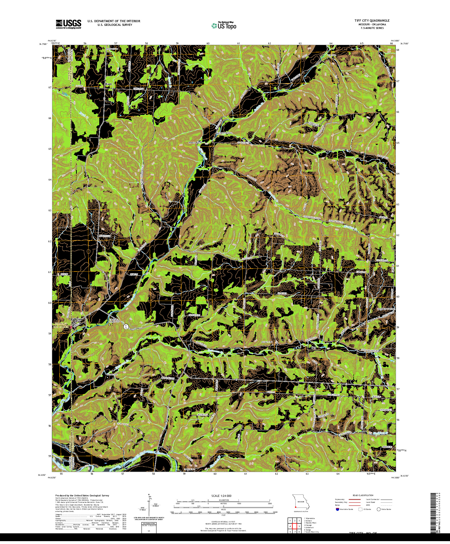 USGS US TOPO 7.5-MINUTE MAP FOR TIFF CITY, MO,OK 2021