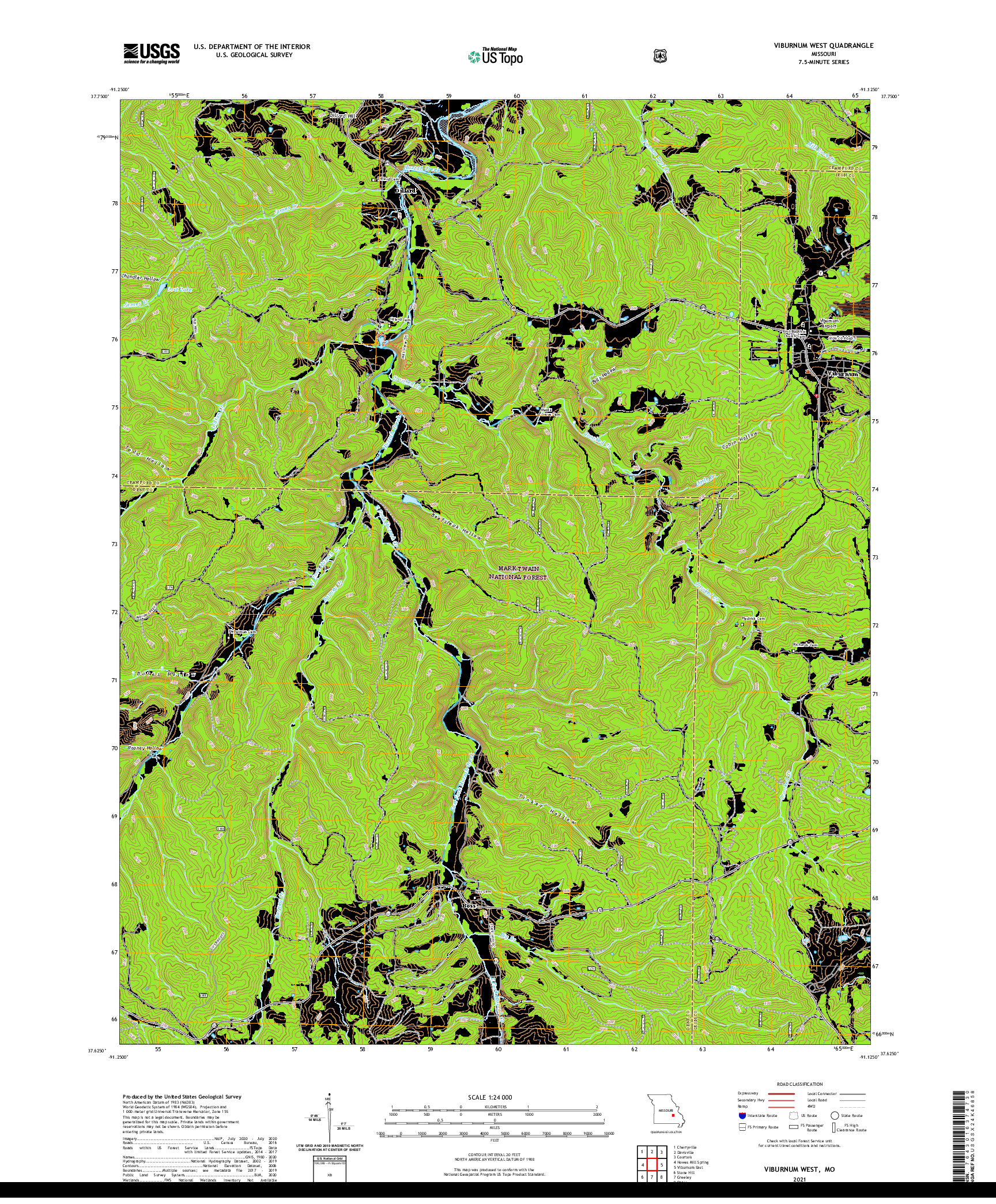 USGS US TOPO 7.5-MINUTE MAP FOR VIBURNUM WEST, MO 2021