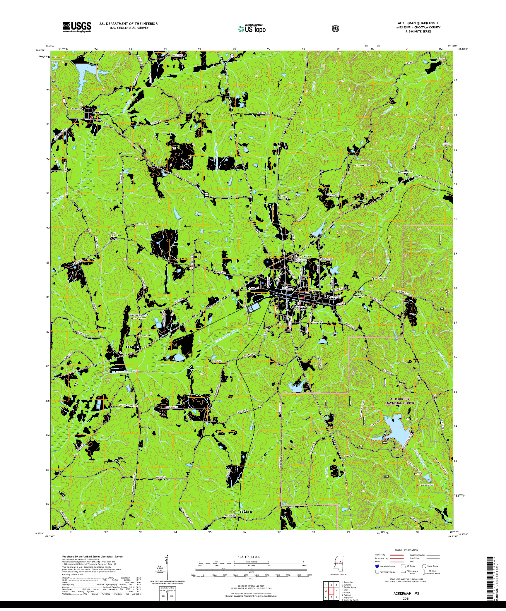 USGS US TOPO 7.5-MINUTE MAP FOR ACKERMAN, MS 2021