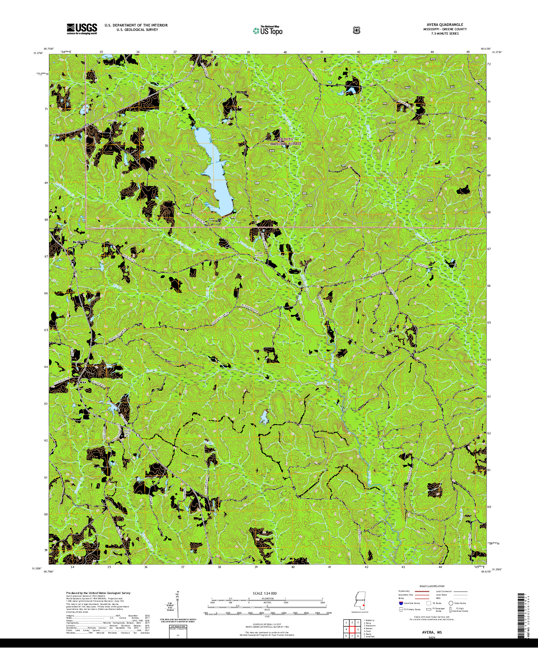 USGS US TOPO 7.5-MINUTE MAP FOR AVERA, MS 2021