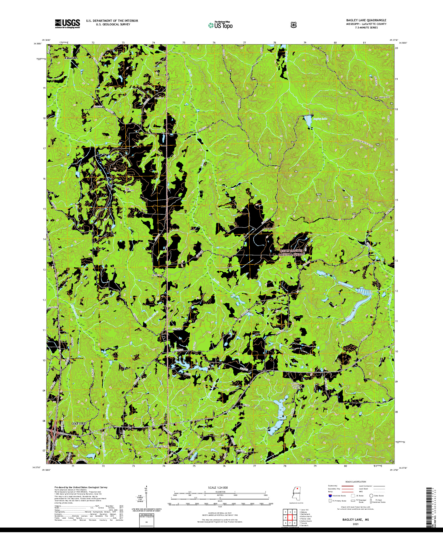 USGS US TOPO 7.5-MINUTE MAP FOR BAGLEY LAKE, MS 2021