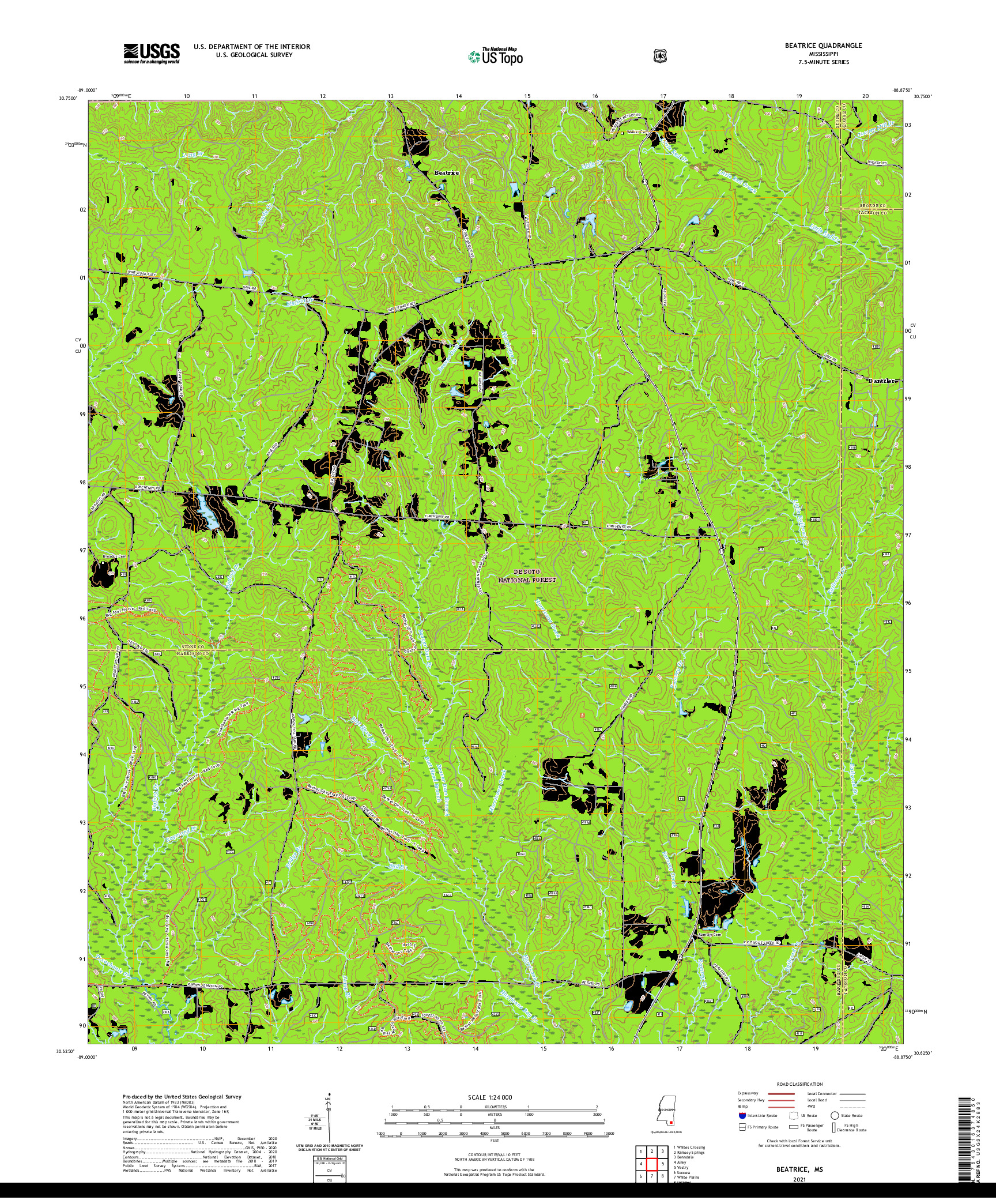 USGS US TOPO 7.5-MINUTE MAP FOR BEATRICE, MS 2021