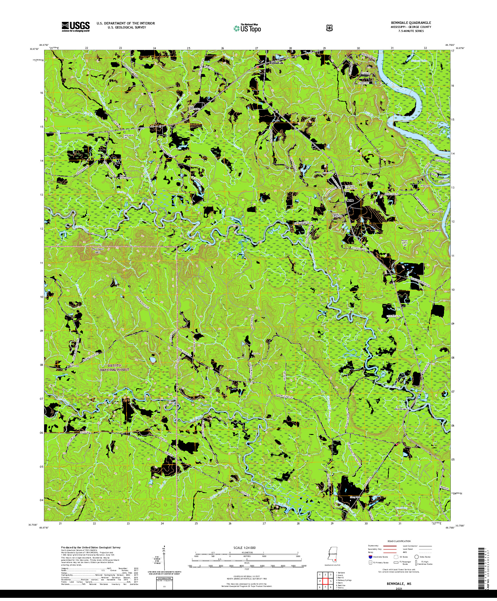 USGS US TOPO 7.5-MINUTE MAP FOR BENNDALE, MS 2021