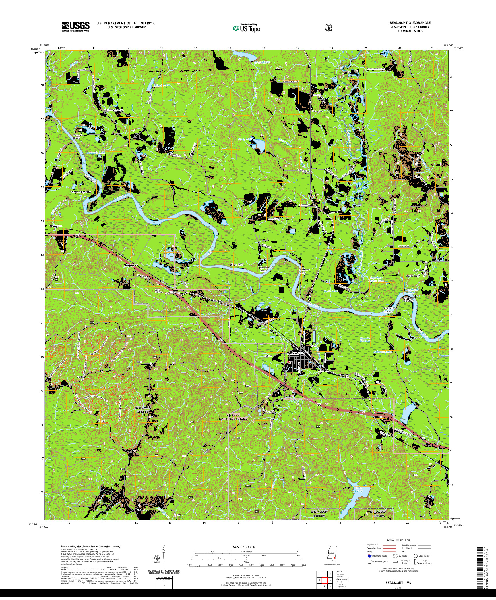 USGS US TOPO 7.5-MINUTE MAP FOR BEAUMONT, MS 2021