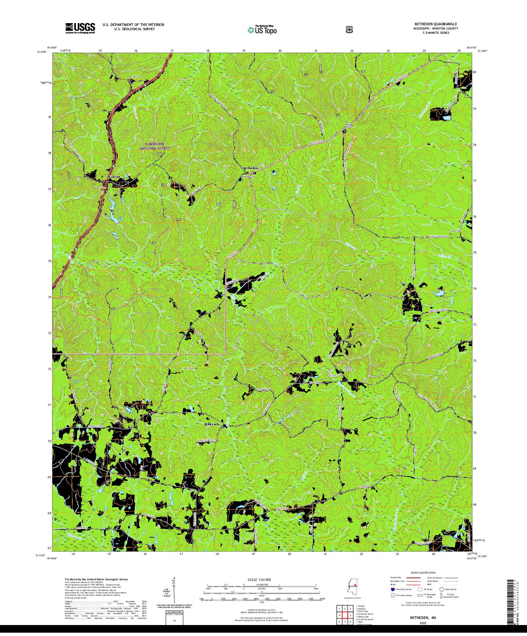 USGS US TOPO 7.5-MINUTE MAP FOR BETHEDEN, MS 2021
