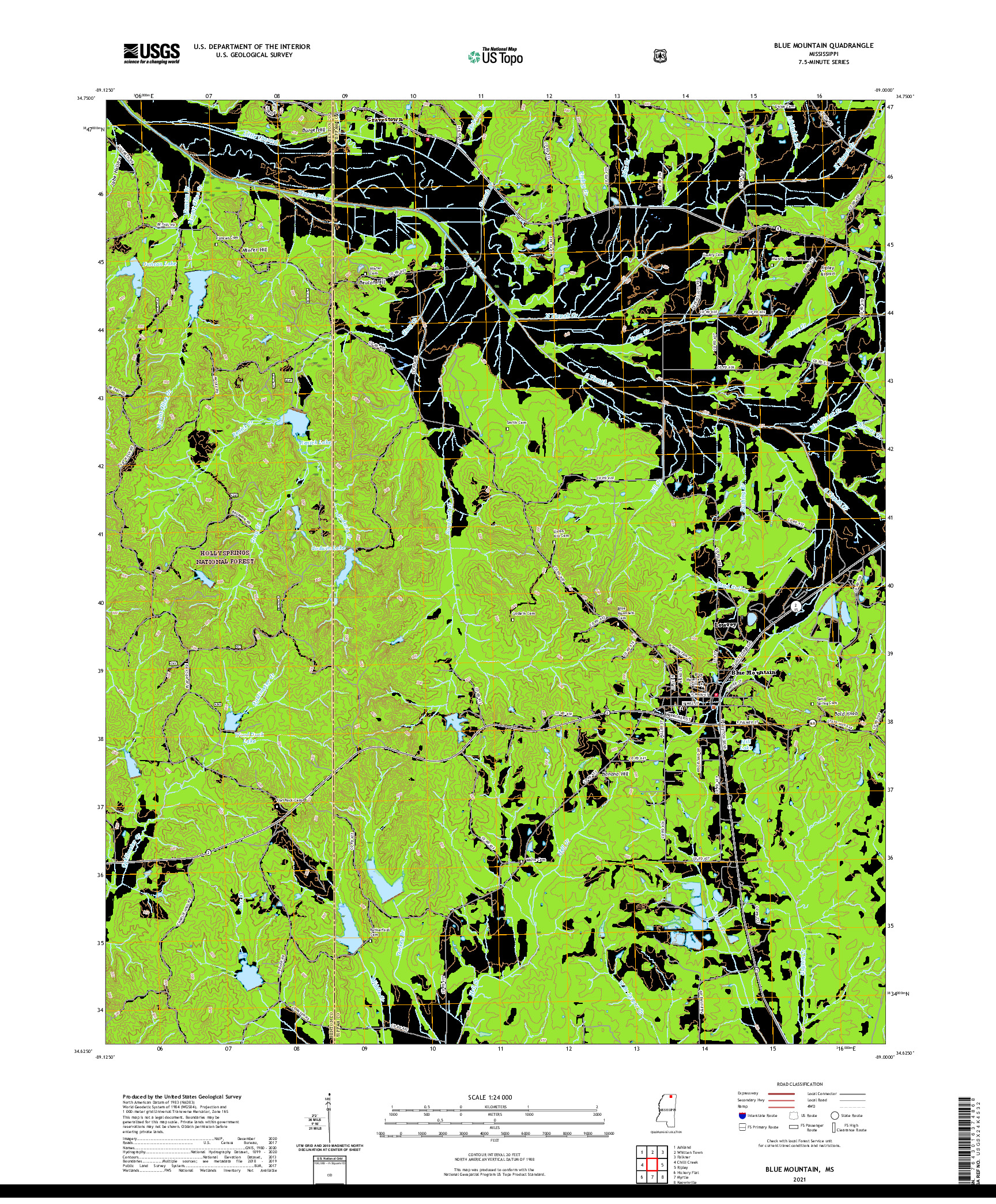 USGS US TOPO 7.5-MINUTE MAP FOR BLUE MOUNTAIN, MS 2021