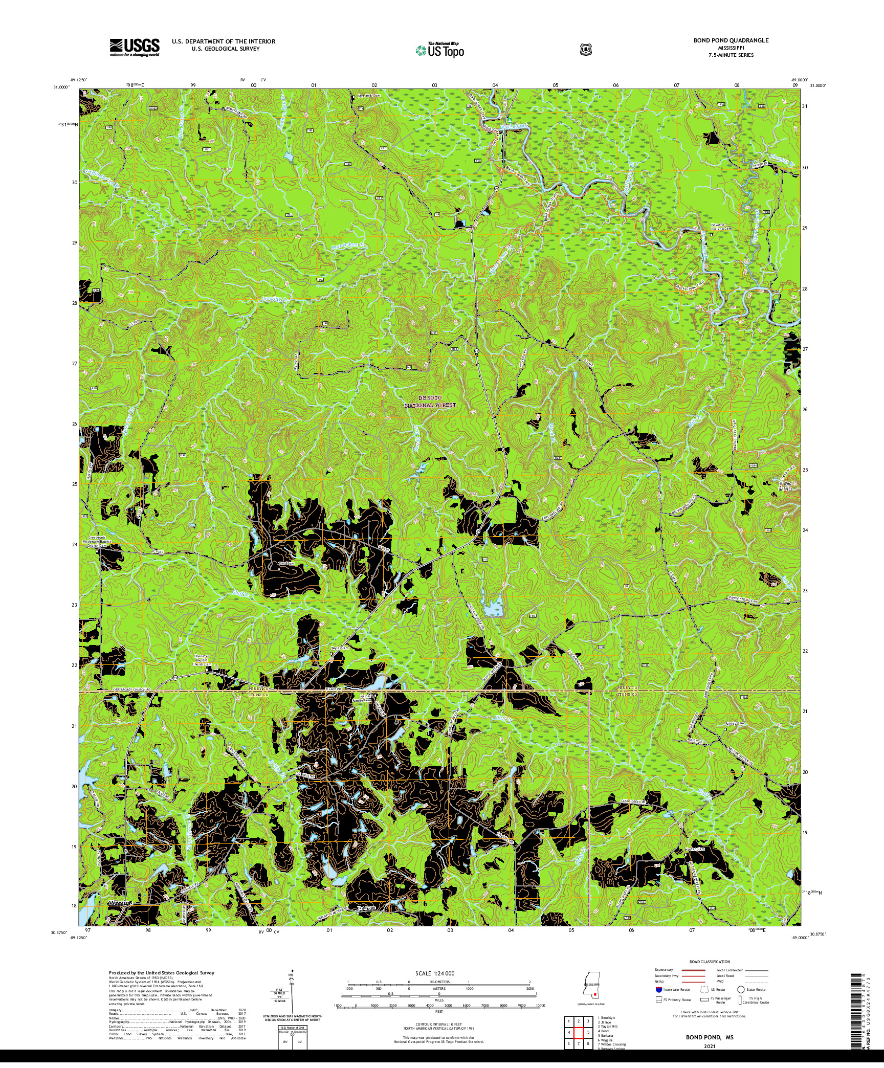 USGS US TOPO 7.5-MINUTE MAP FOR BOND POND, MS 2021