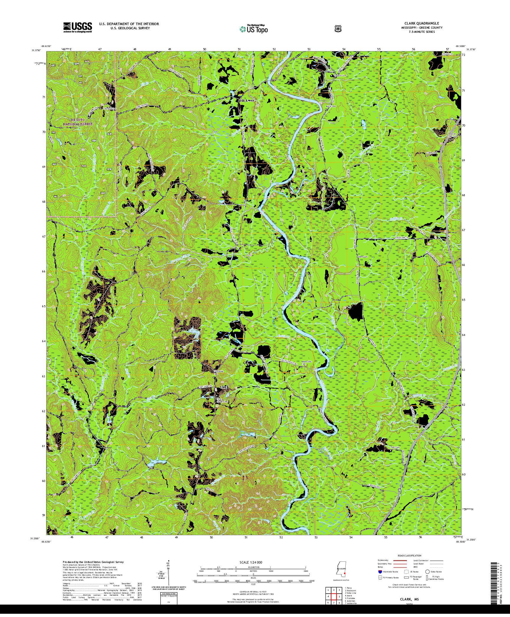 USGS US TOPO 7.5-MINUTE MAP FOR CLARK, MS 2021