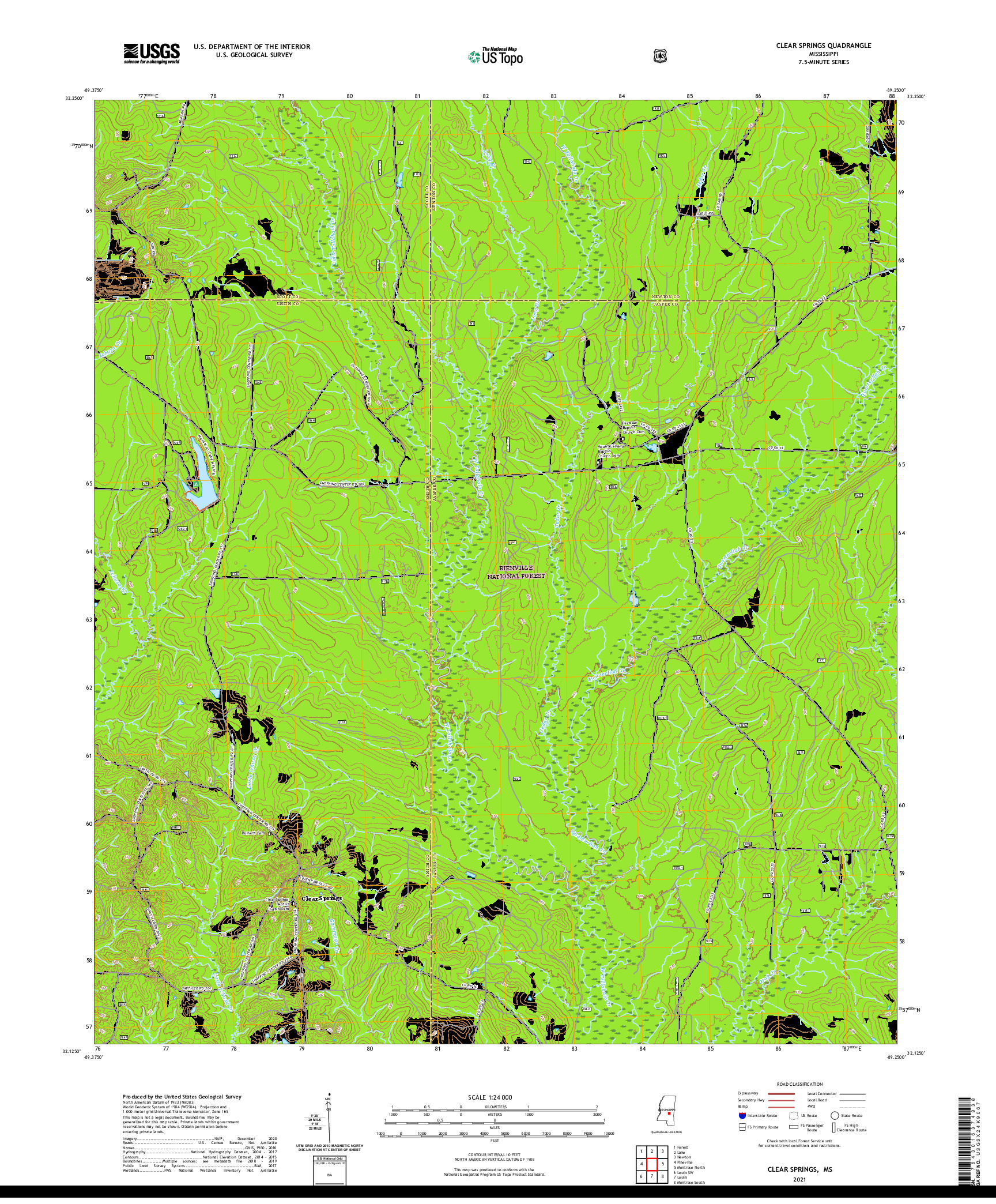 USGS US TOPO 7.5-MINUTE MAP FOR CLEAR SPRINGS, MS 2021