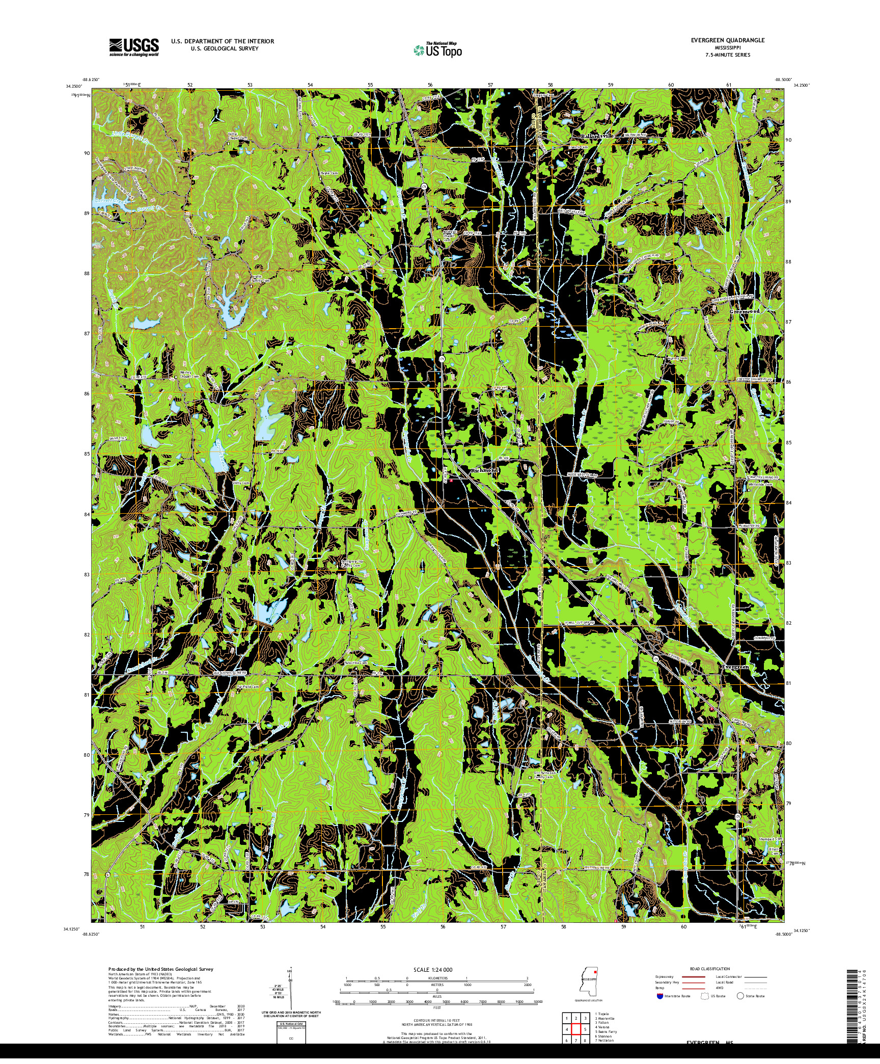USGS US TOPO 7.5-MINUTE MAP FOR EVERGREEN, MS 2021
