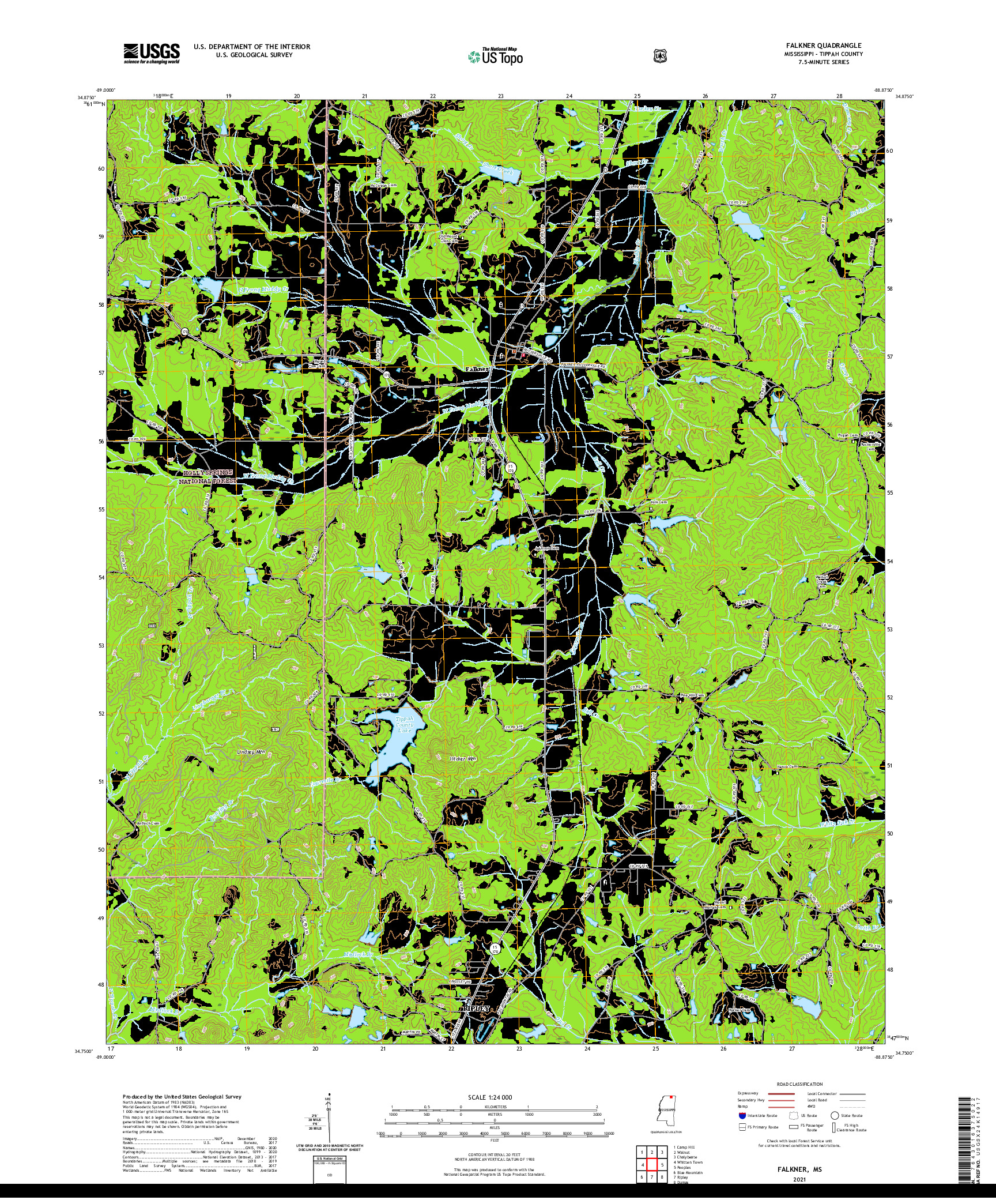USGS US TOPO 7.5-MINUTE MAP FOR FALKNER, MS 2021
