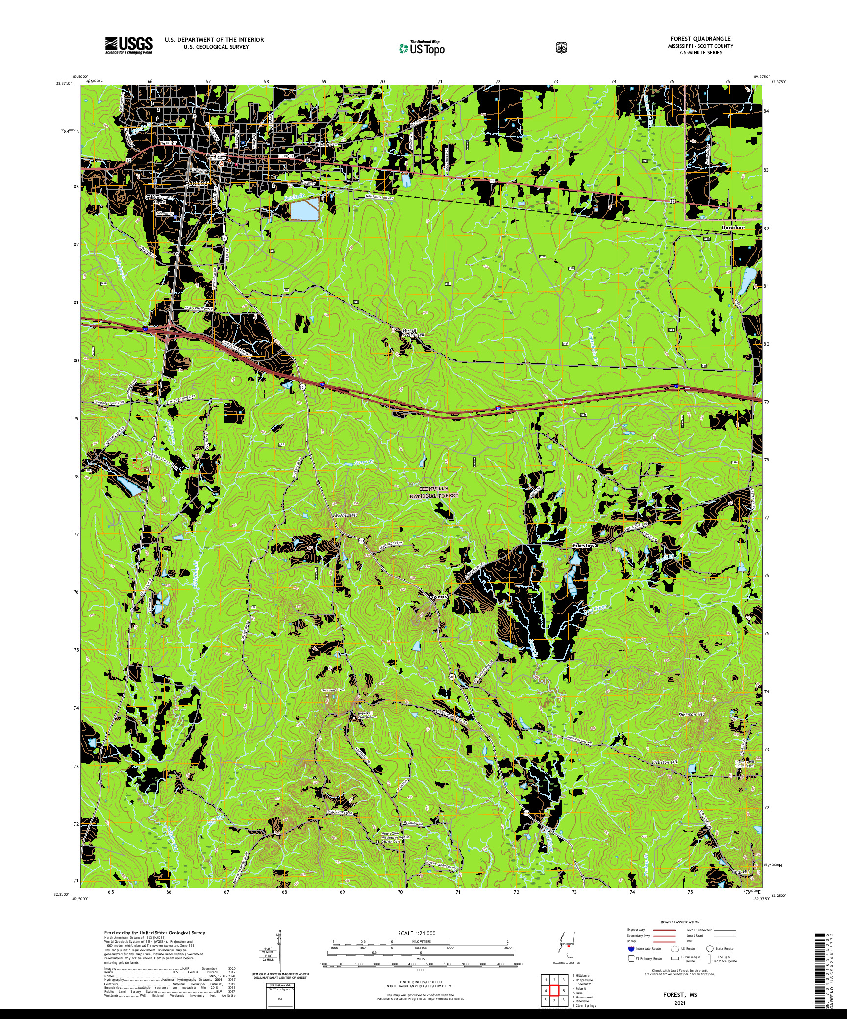 USGS US TOPO 7.5-MINUTE MAP FOR FOREST, MS 2021