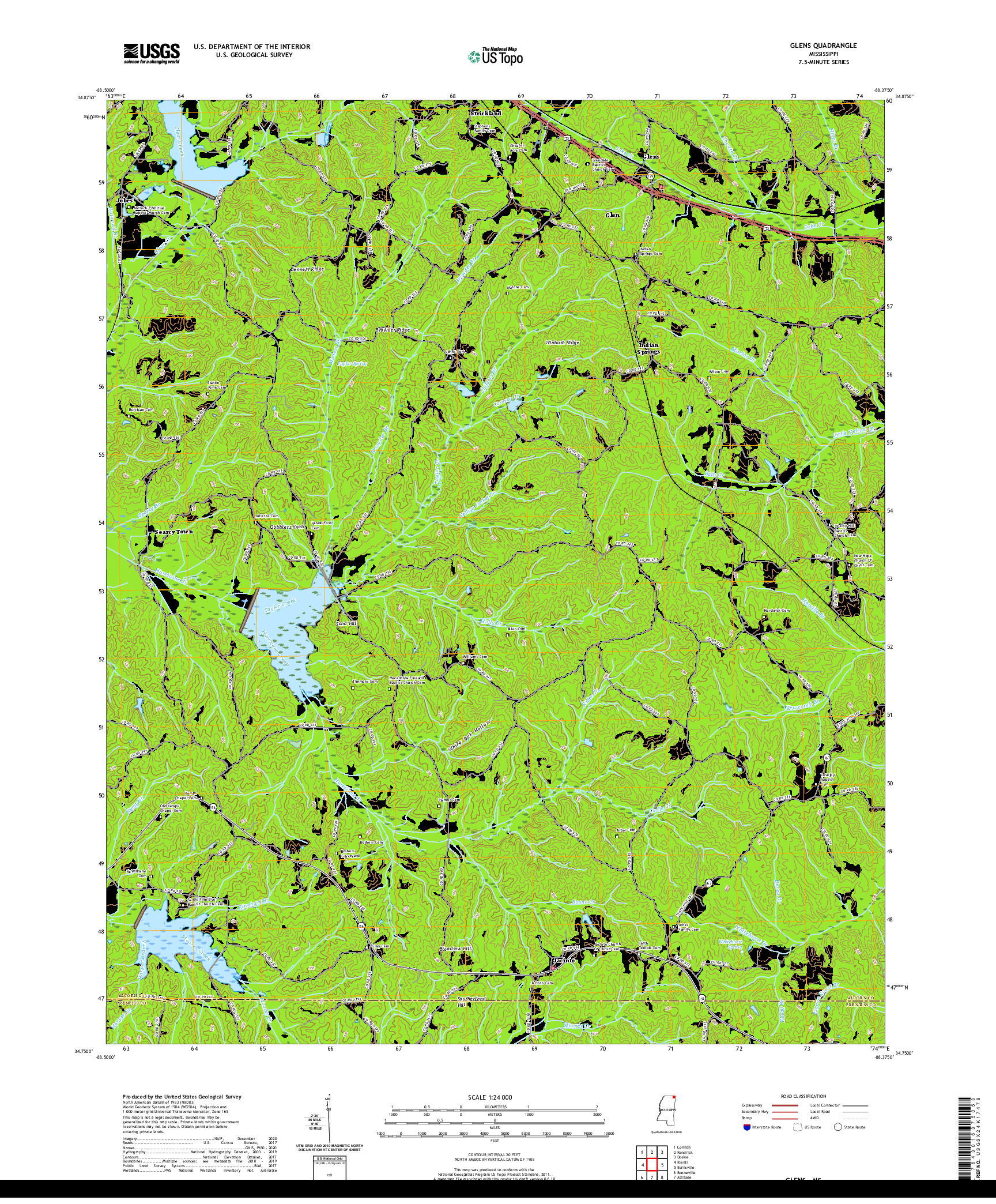 USGS US TOPO 7.5-MINUTE MAP FOR GLENS, MS 2021