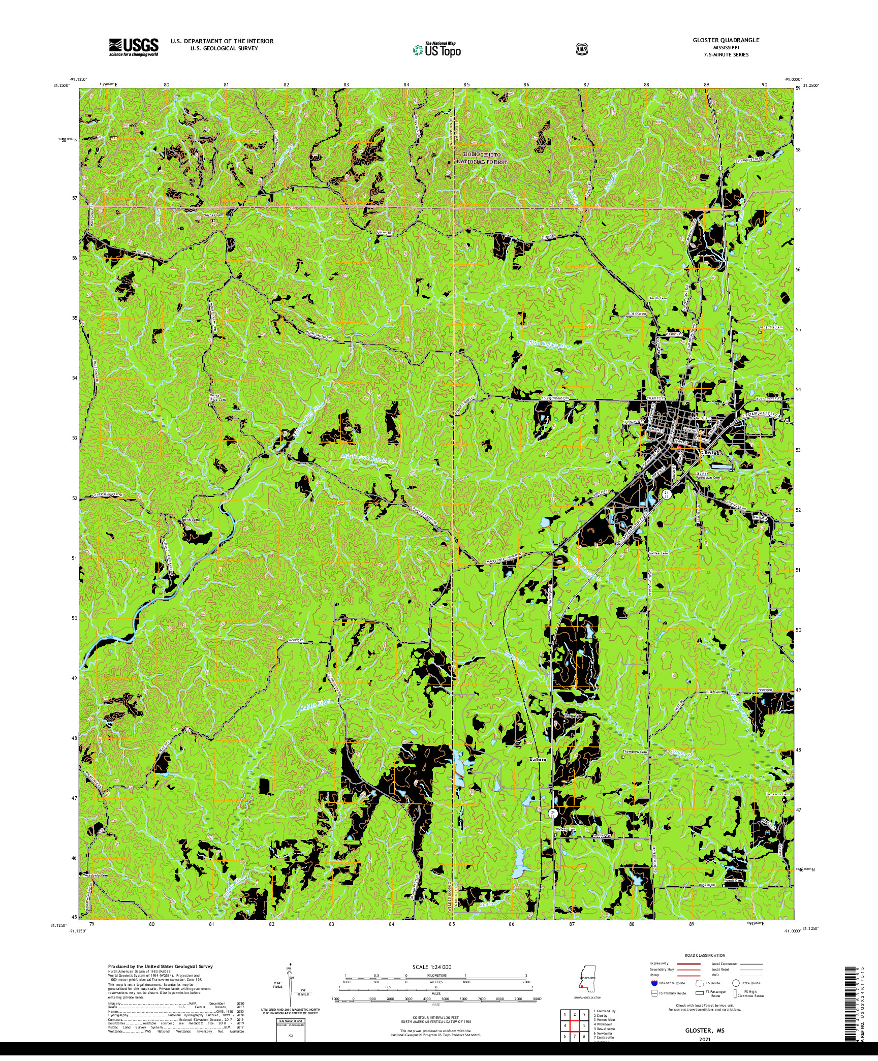 USGS US TOPO 7.5-MINUTE MAP FOR GLOSTER, MS 2021