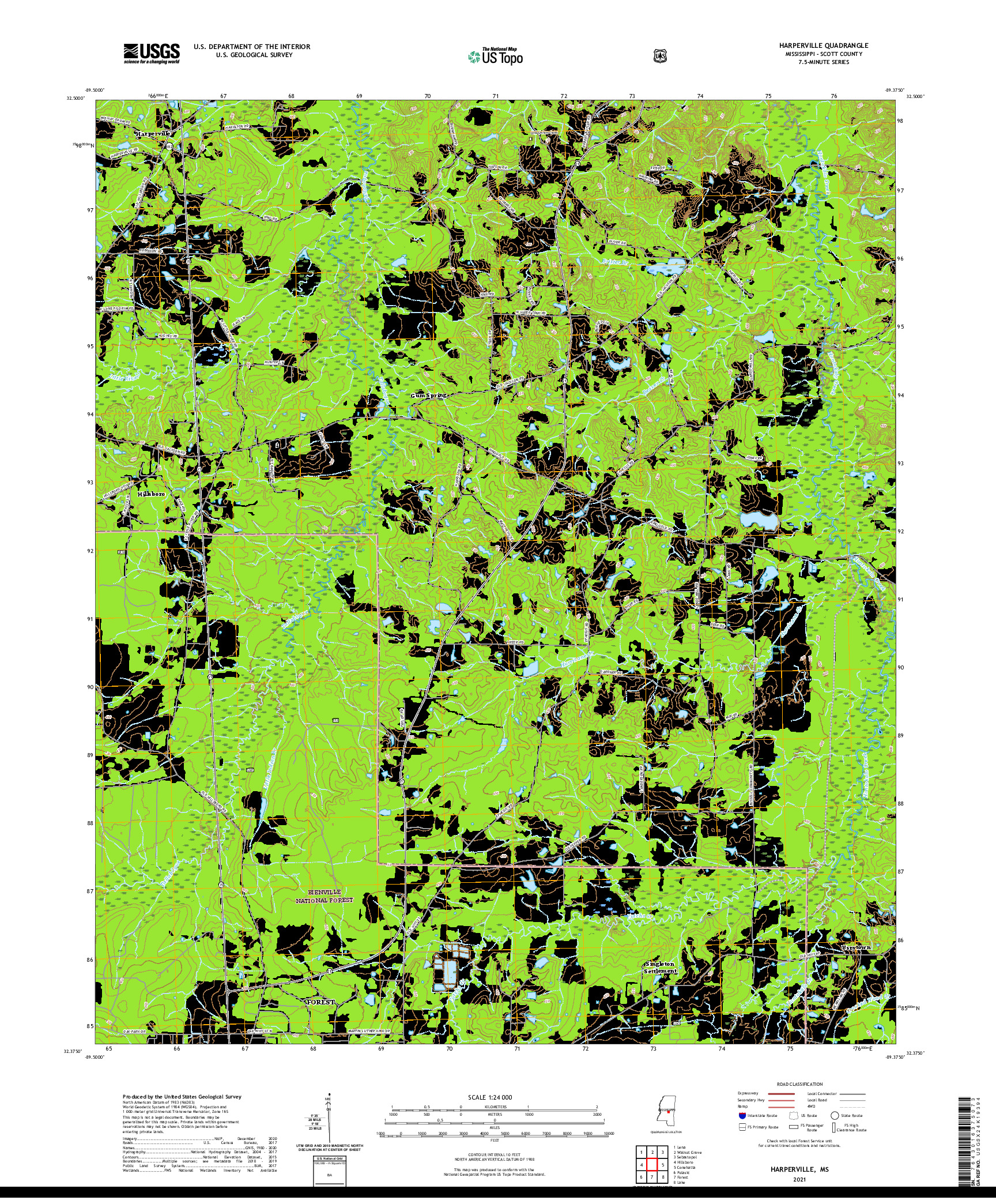 USGS US TOPO 7.5-MINUTE MAP FOR HARPERVILLE, MS 2021