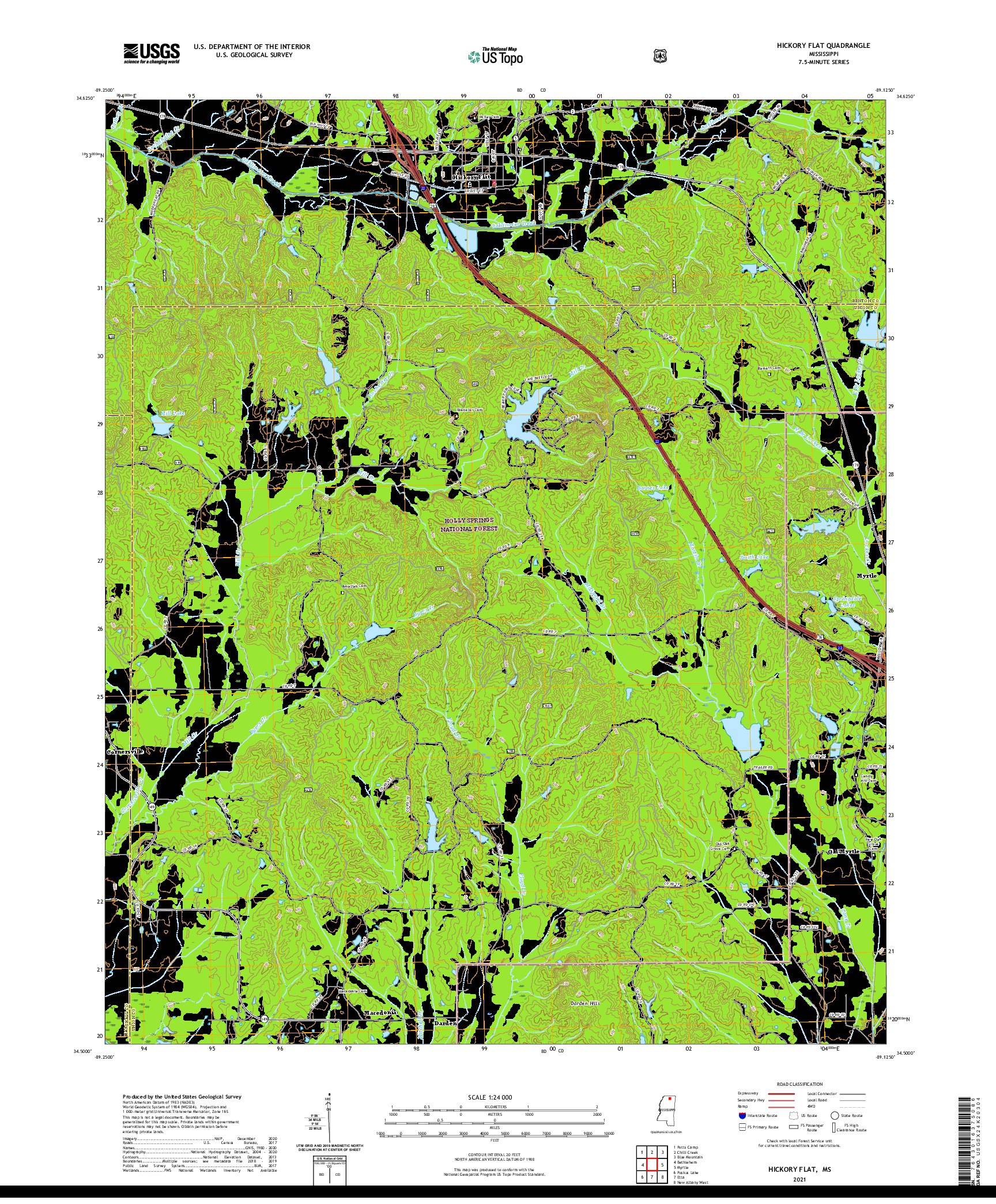 USGS US TOPO 7.5-MINUTE MAP FOR HICKORY FLAT, MS 2021