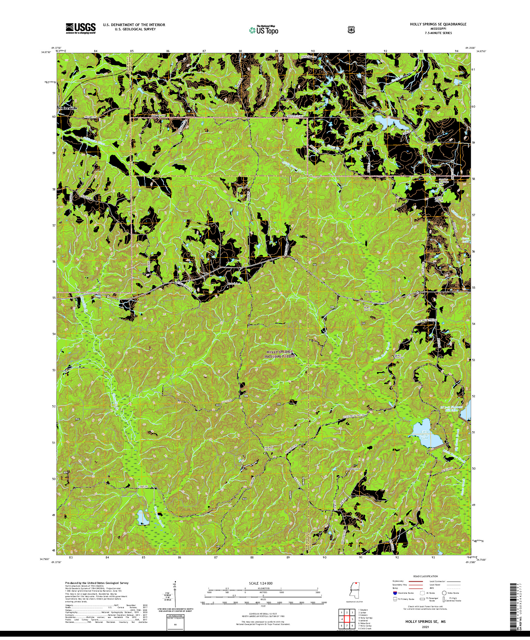USGS US TOPO 7.5-MINUTE MAP FOR HOLLY SPRINGS SE, MS 2021