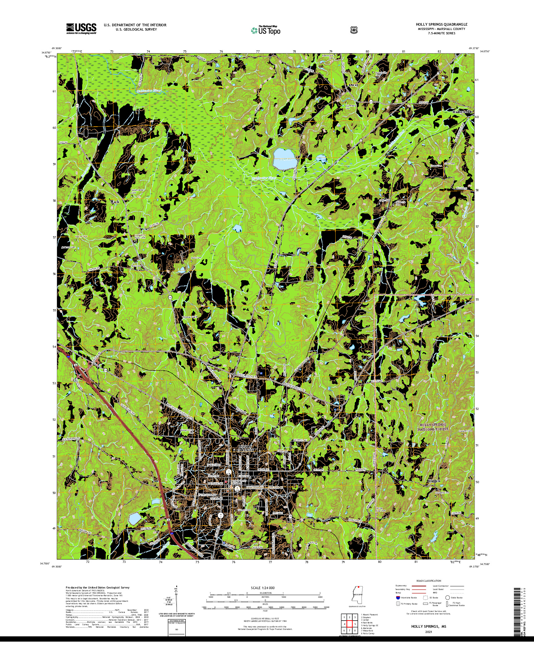 USGS US TOPO 7.5-MINUTE MAP FOR HOLLY SPRINGS, MS 2021