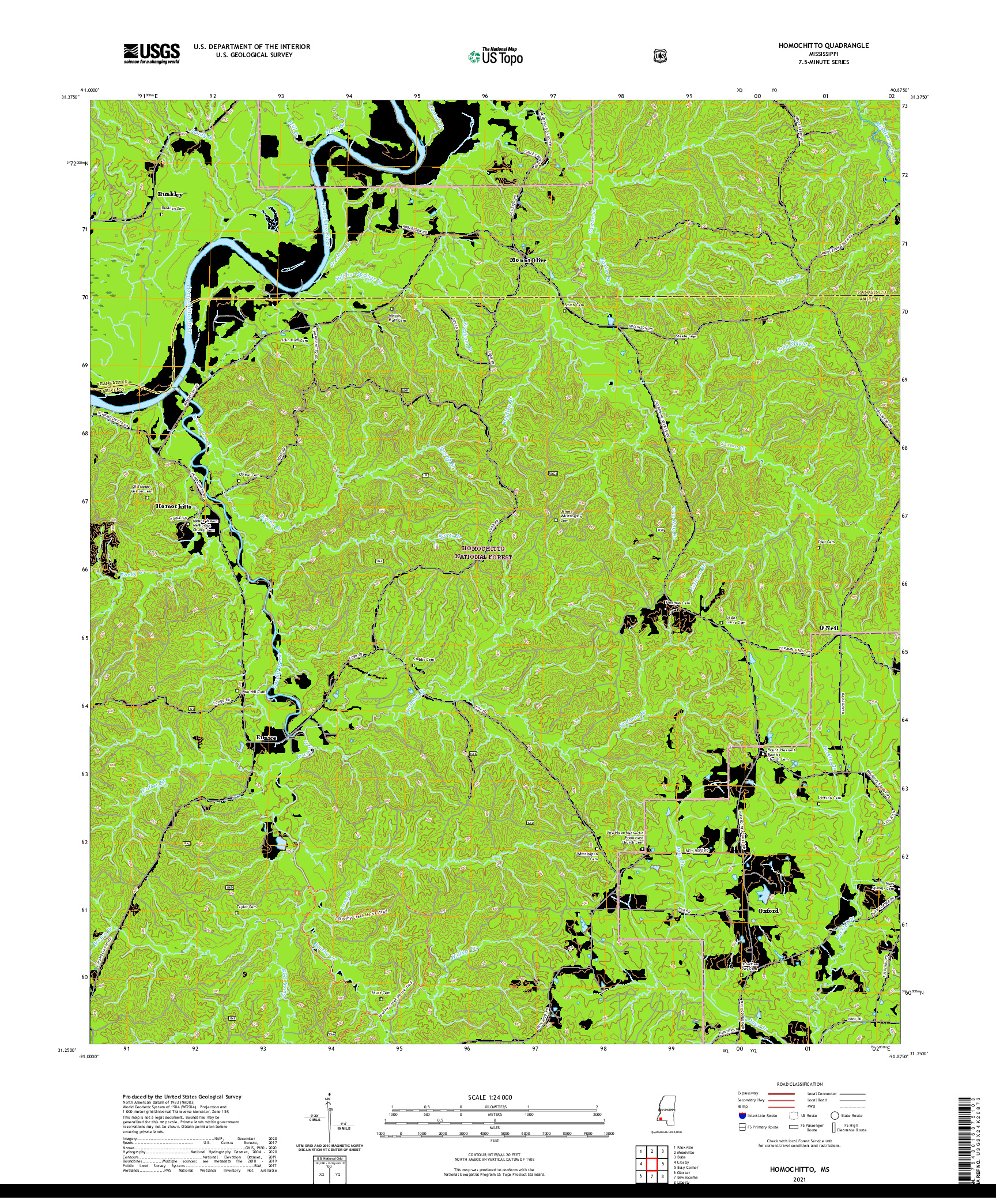 USGS US TOPO 7.5-MINUTE MAP FOR HOMOCHITTO, MS 2021