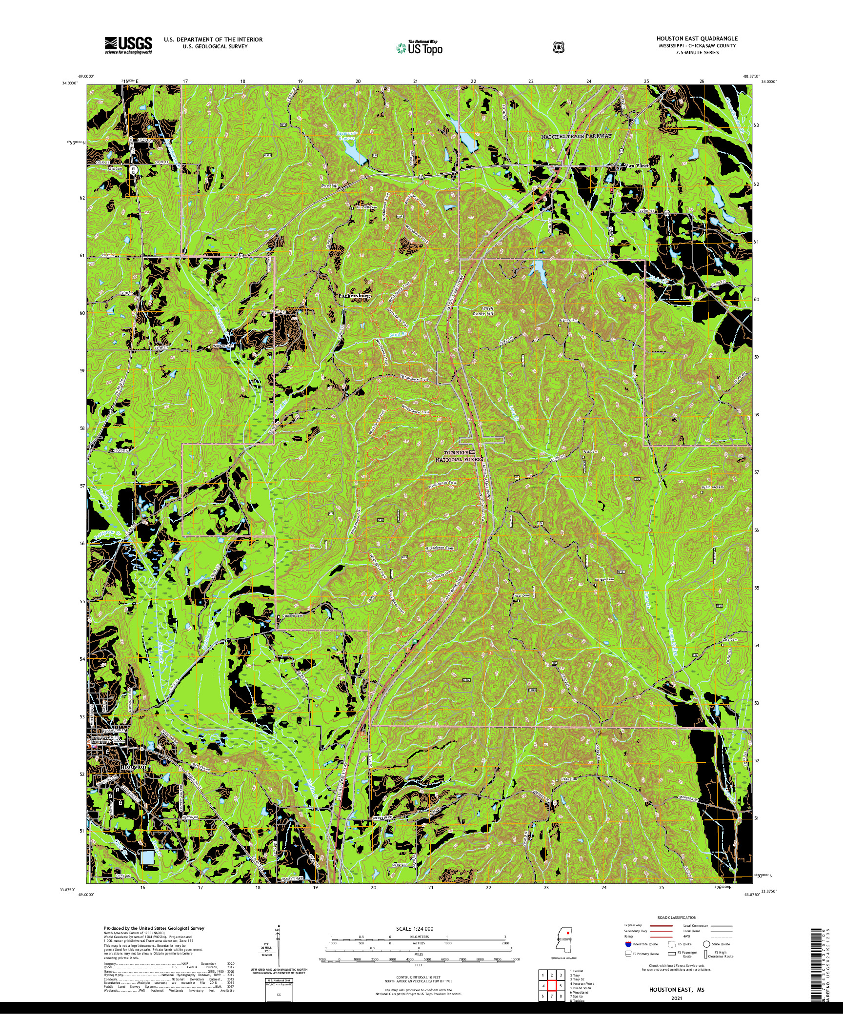 USGS US TOPO 7.5-MINUTE MAP FOR HOUSTON EAST, MS 2021