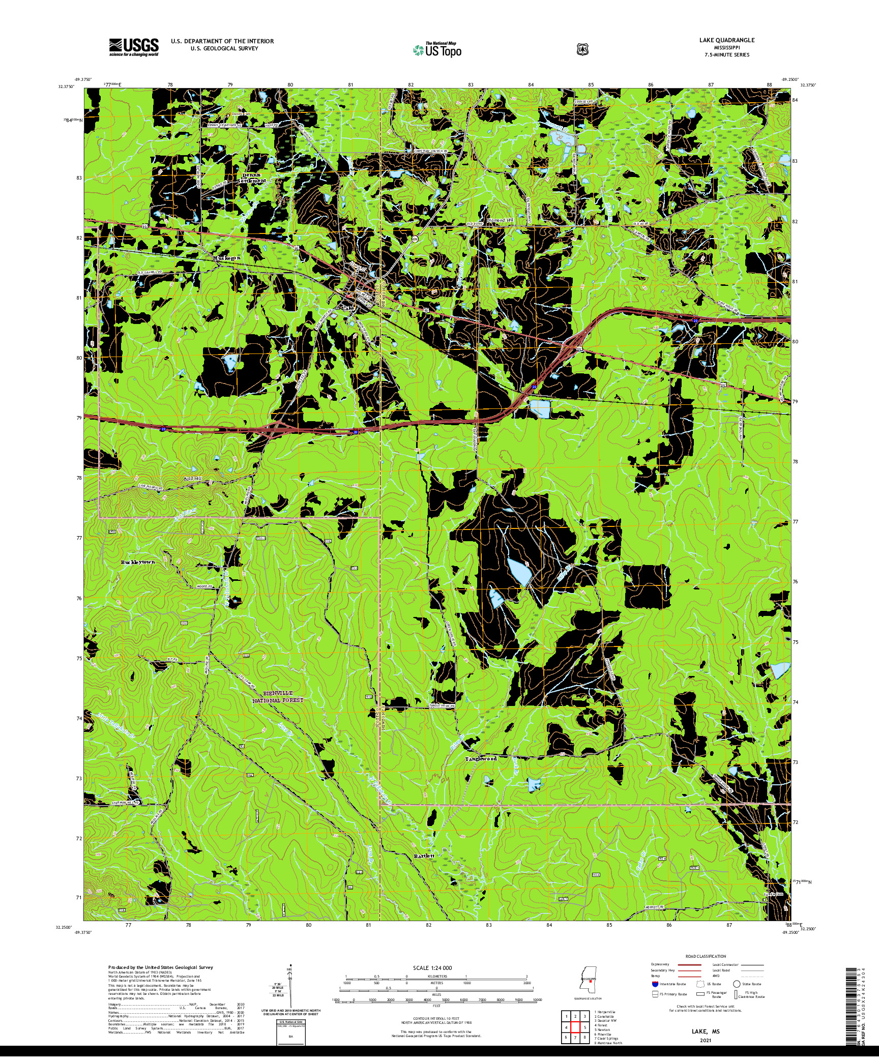 USGS US TOPO 7.5-MINUTE MAP FOR LAKE, MS 2021