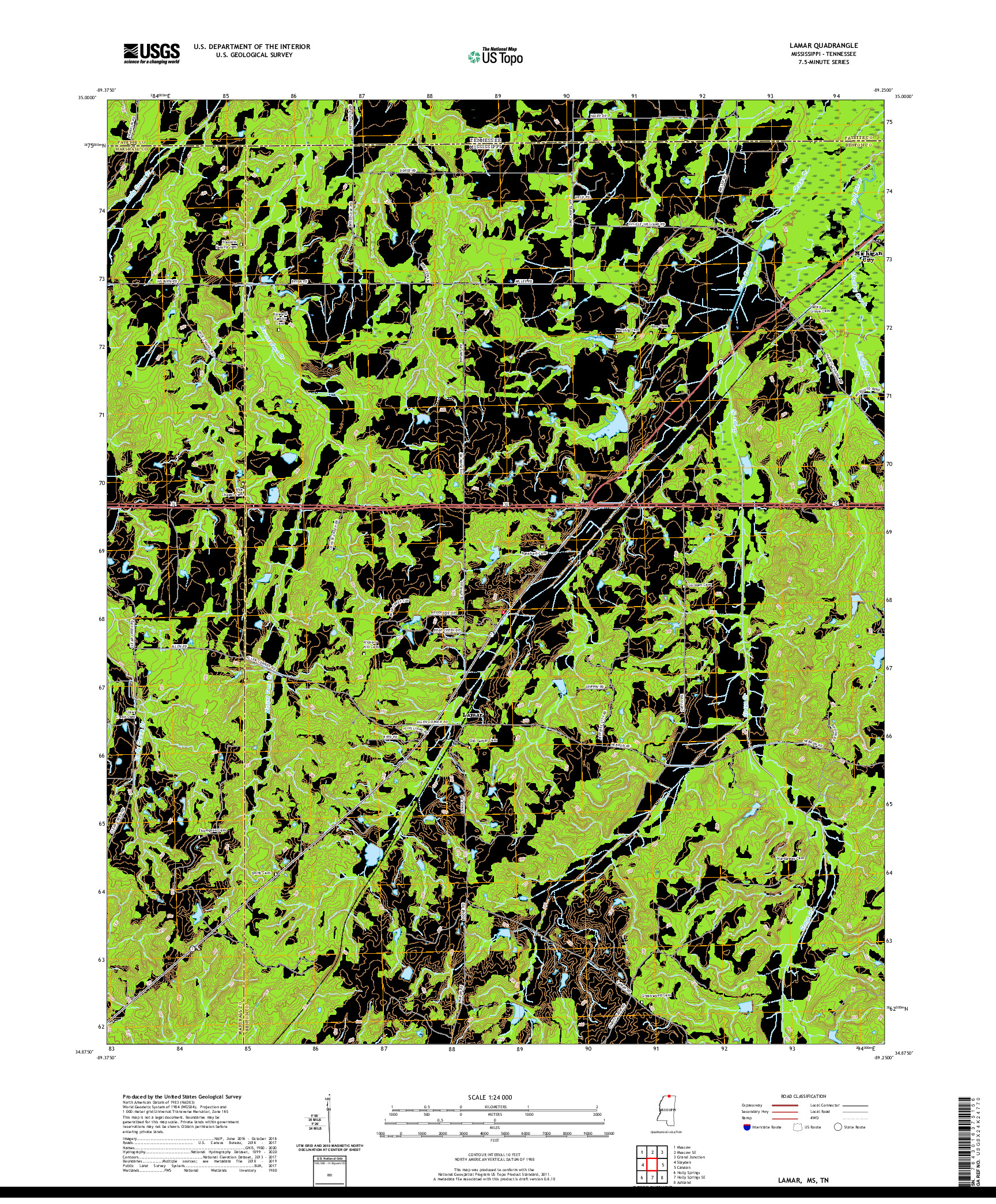 USGS US TOPO 7.5-MINUTE MAP FOR LAMAR, MS,TN 2021