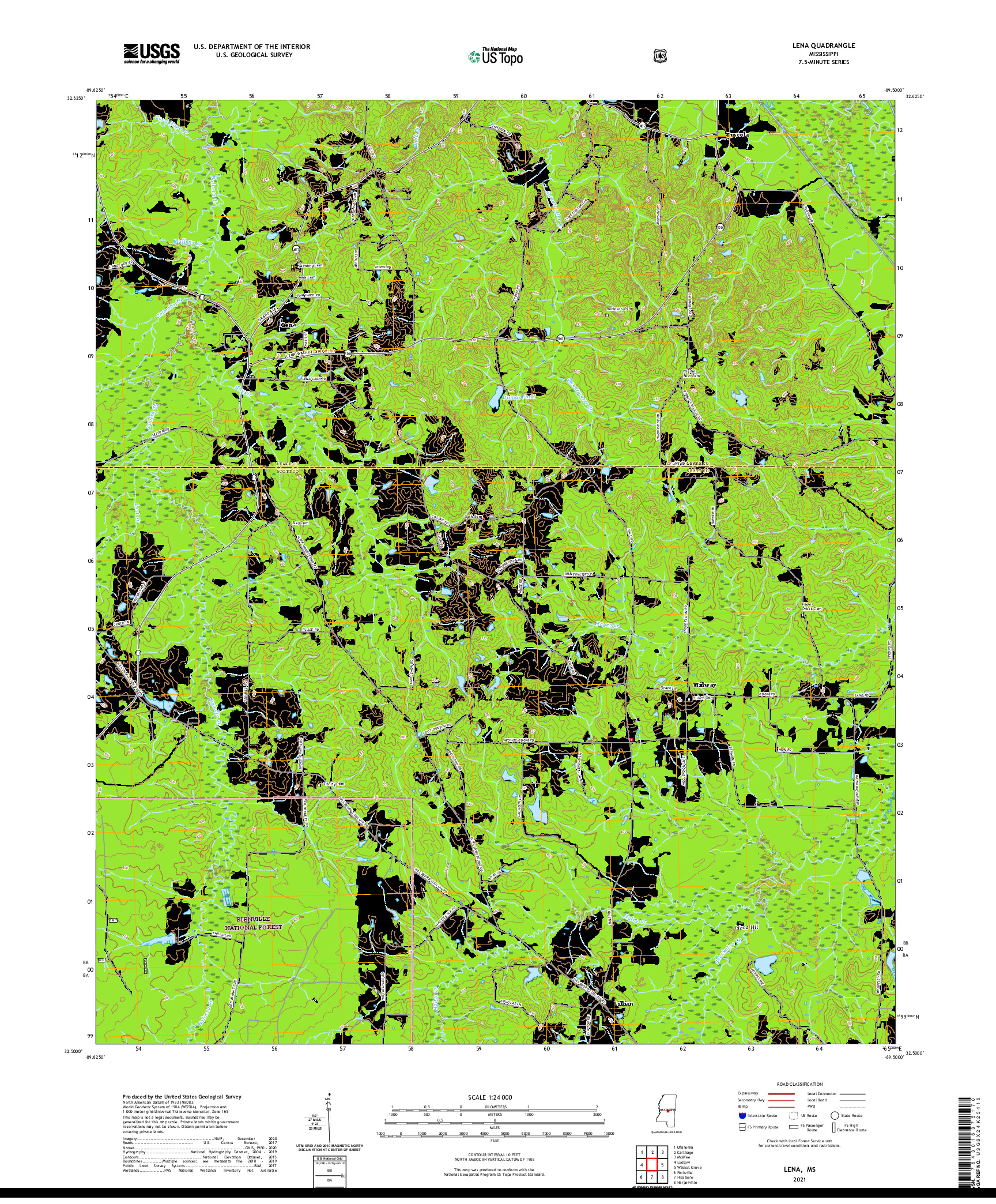USGS US TOPO 7.5-MINUTE MAP FOR LENA, MS 2021