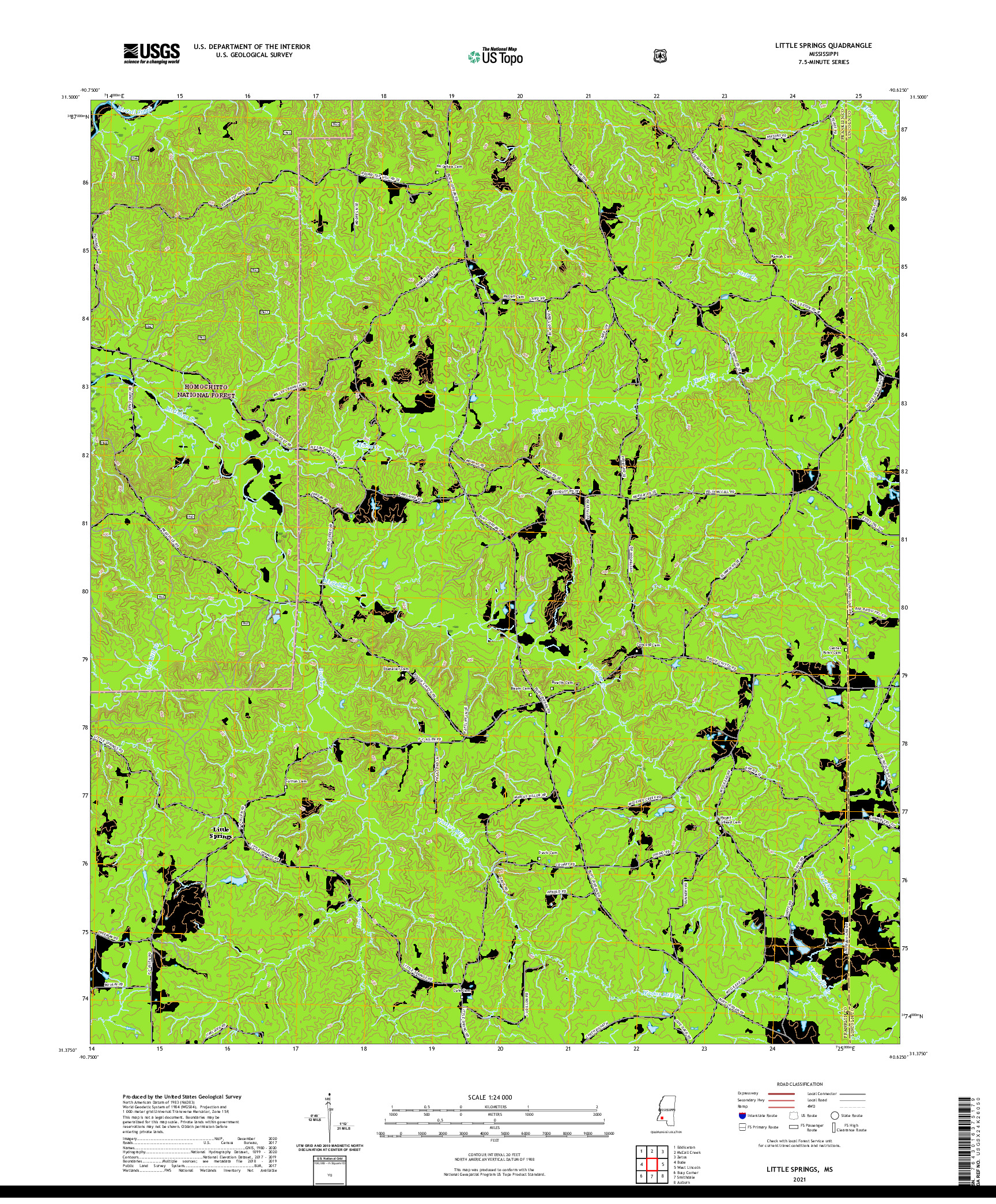 USGS US TOPO 7.5-MINUTE MAP FOR LITTLE SPRINGS, MS 2021